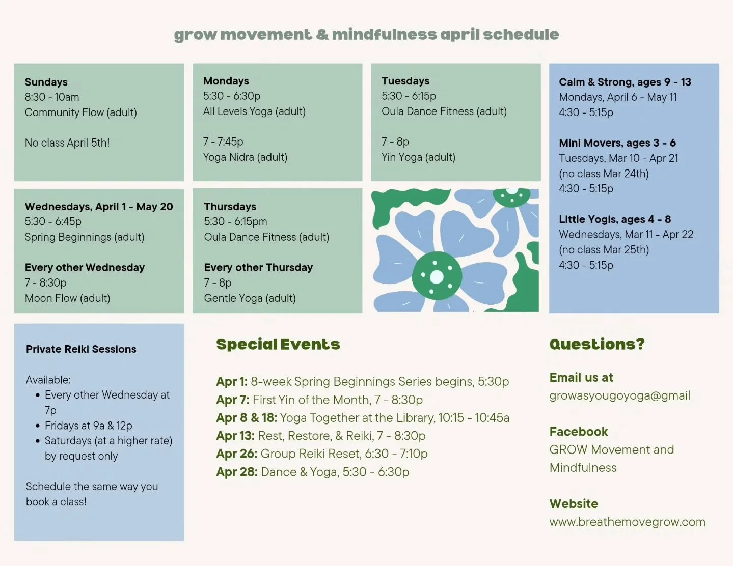 April 🌈🐌🌼

Our spring series begins this Wednesday! Perfect for anyone wanting to build a yoga and meditation practice ✨️

Signing up for a series helps you stay committed, and you'll practice and explore different styles of yoga, breath work, and