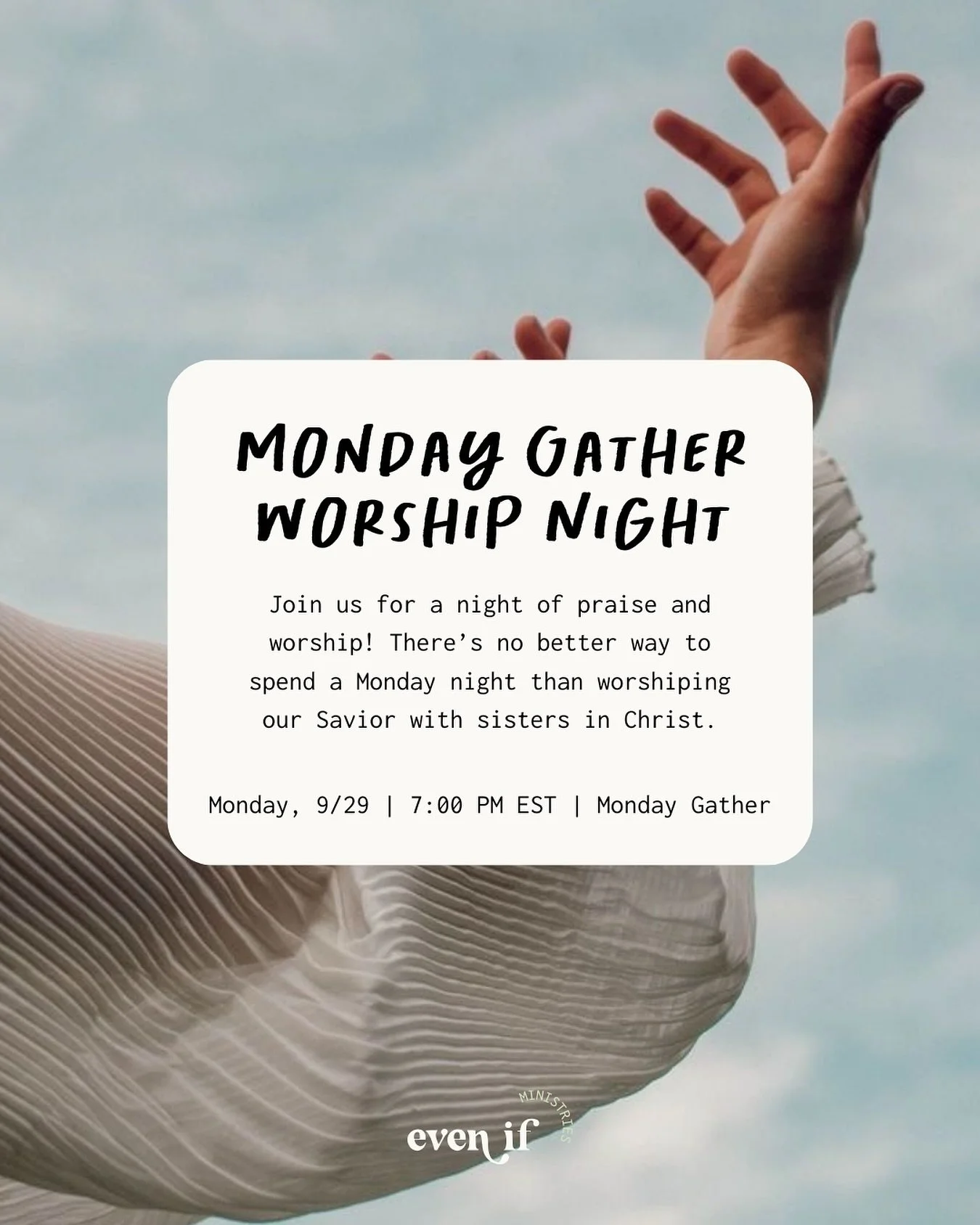 You&rsquo;re invited!💌Join us for a night of praise and worship as we lift our voices, hearts, and hands together in His presence. Come expectant, come hungry, and let&rsquo;s encounter Jesus in a powerful way!

📆Monday 9/29
⏰7:00 PM EST
📍Monday G