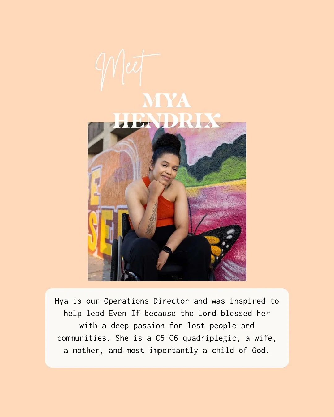 Meet Mya💜

She has been Even If&rsquo;s Operations Director for the past year. She&rsquo;s been such a blessing to have on our team and has such a big heart for helping marginalized communities find Jesus!

#faith #community #disabledcommunity #disa