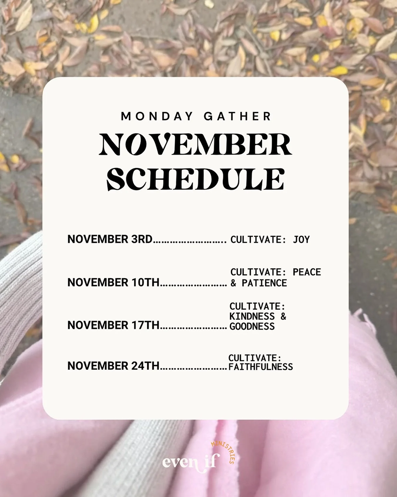 Mark your calendars! The November schedule is here!🗓️

#faith #community #disabledcommunity #disability #chronicpain #biblestudy #ministry #jesus