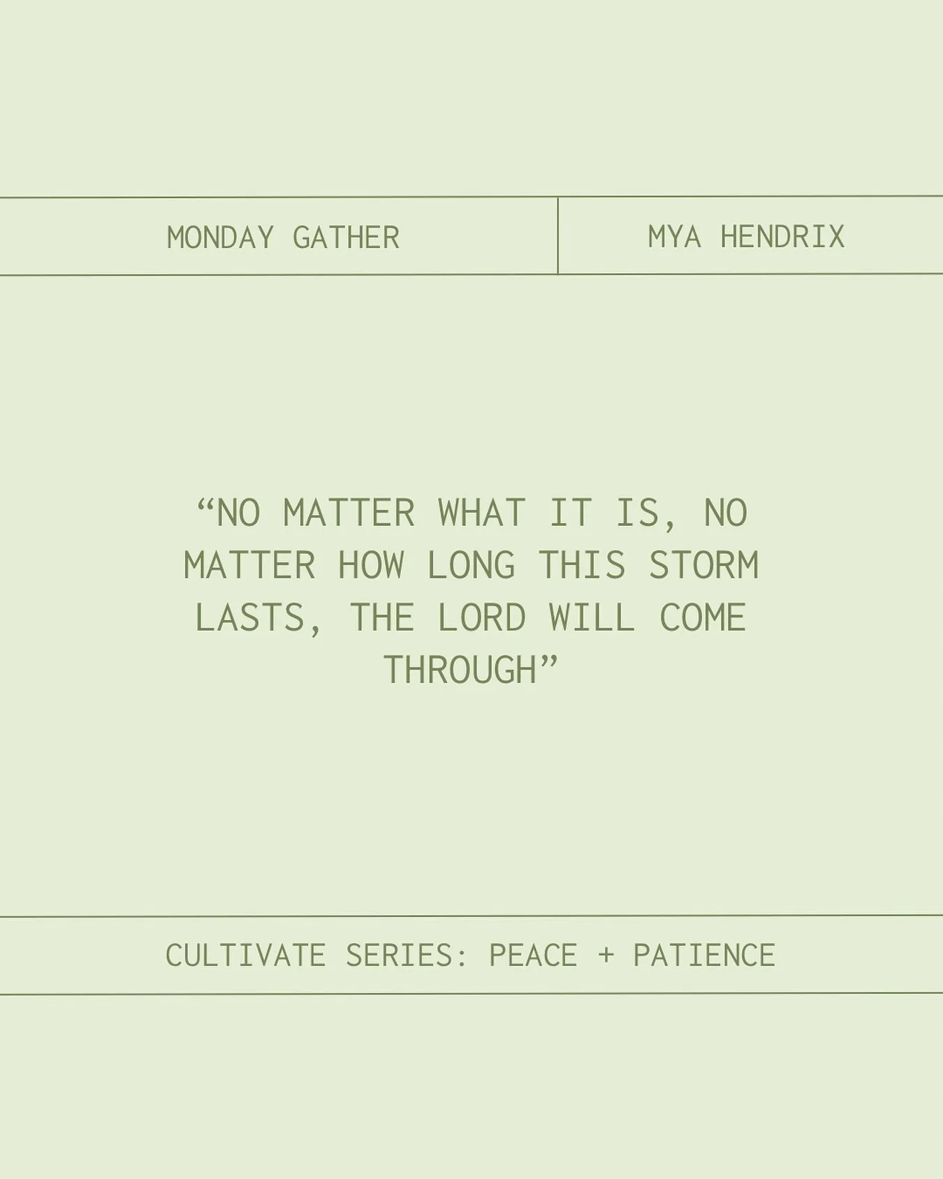 Mya was on fire Monday night!🔥

In case you missed, @myalynnhendrix led Monday Gather this week and spoke about peace + patience. 

Because Jesus is faithful, we can experience peace no matter the storm! 

🔗Tap the link in our bio to register for n