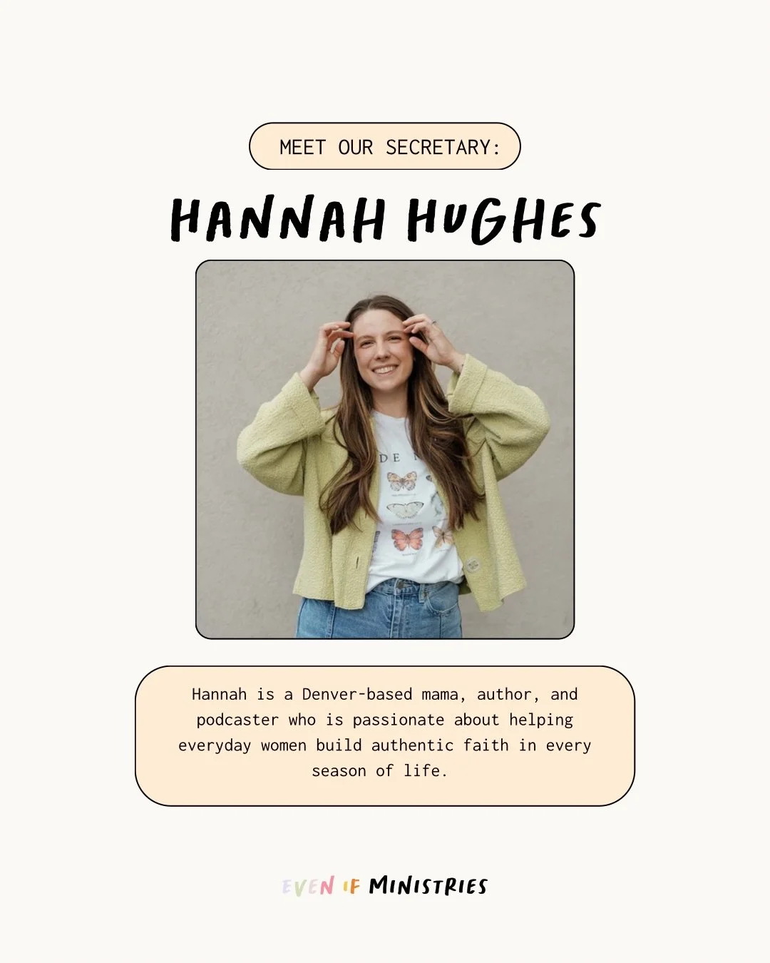 Meet our Secretary, Hannah Hughes!🧡

Her other titles include mama, author, and podcaster. Hannah&rsquo;s willingness to be vulnerable empowers women to embrace every chapter of their story. 

We&rsquo;re so grateful to have her on our team!

#faith