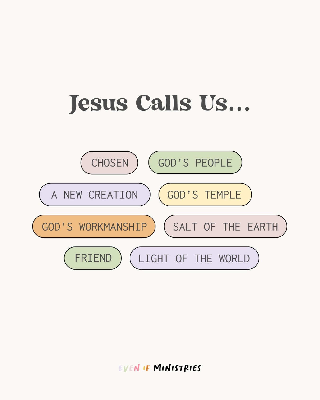 How sweet it is to be loved by Jesus.💜He values our relationship, wants the best for us, and the names He call us reflect that:

- Chosen (1 Peter 2:9)
- God&rsquo;s People (1 Peter 2:10)
- A New Creation (2 Corinthians 5:17)
- God&rsquo;s Temple (1
