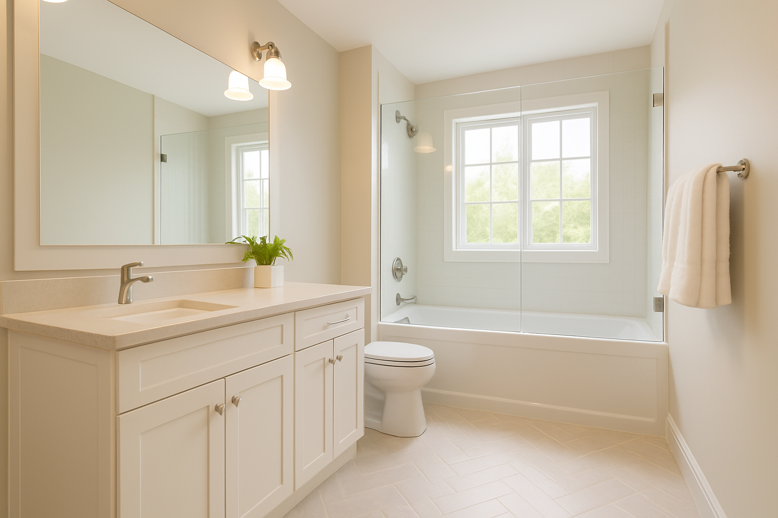 Bright, clean bathroom with white vanity, large mirror, and a potted plant. Features a bathtub with glass enclosure and a window with green scenery outside.