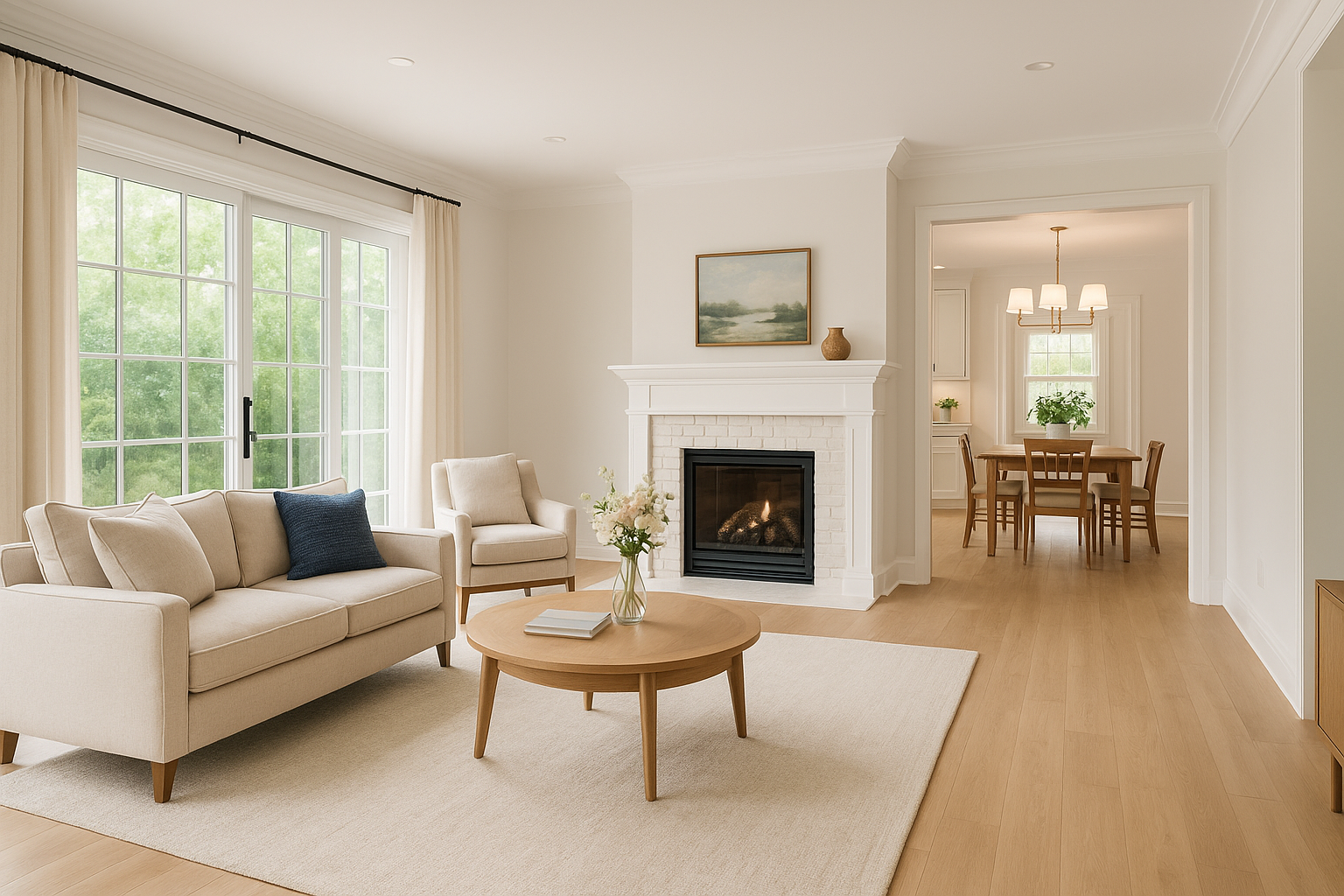 Bright living room with beige sofa and armchair, wooden coffee table with vase and books, white brick fireplace with painting and vase above, large windows with cream curtains, view of a dining area with wooden table, chairs, and a chandelier.