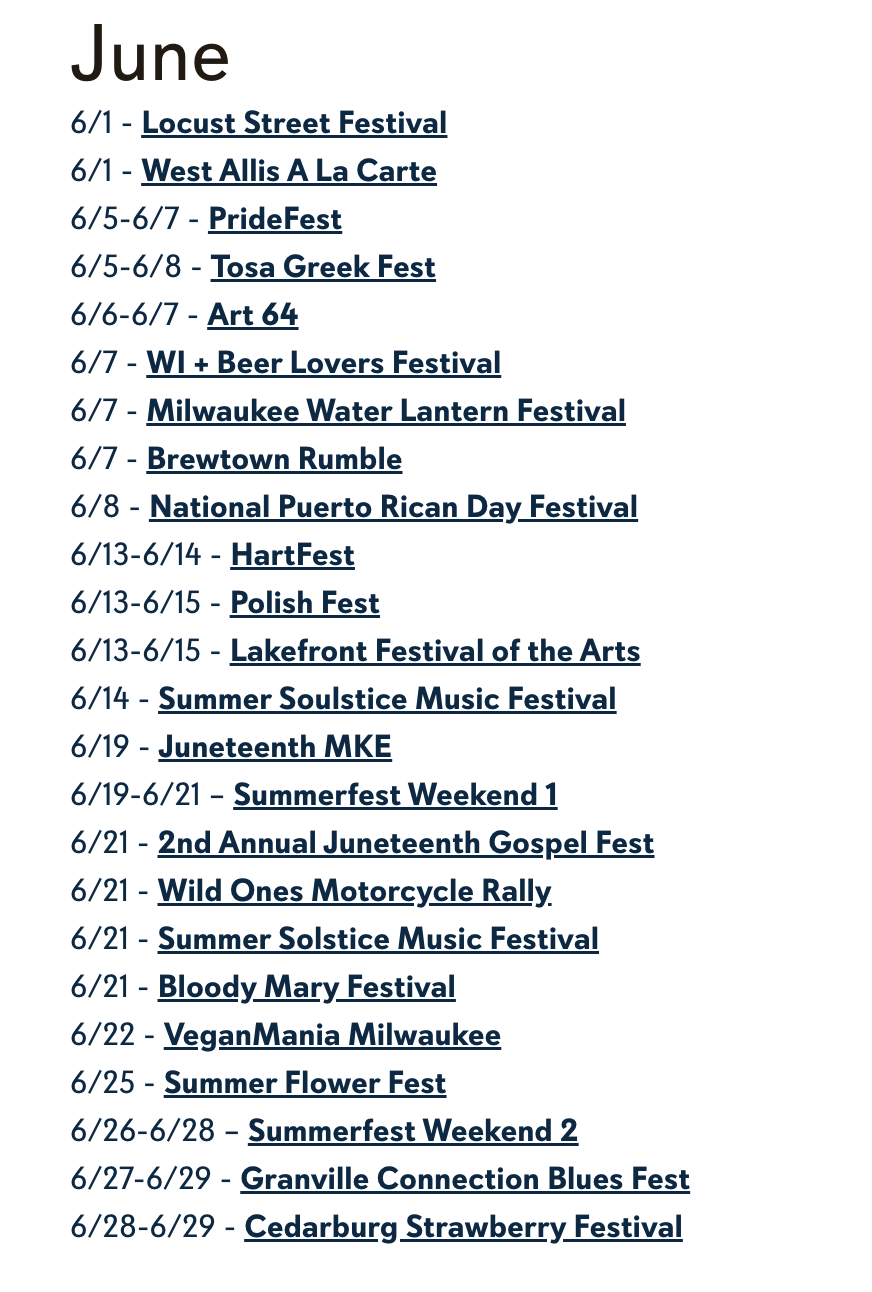 Screenshot from the June Visit Milwaukee Events Calendar. It features 24 events.