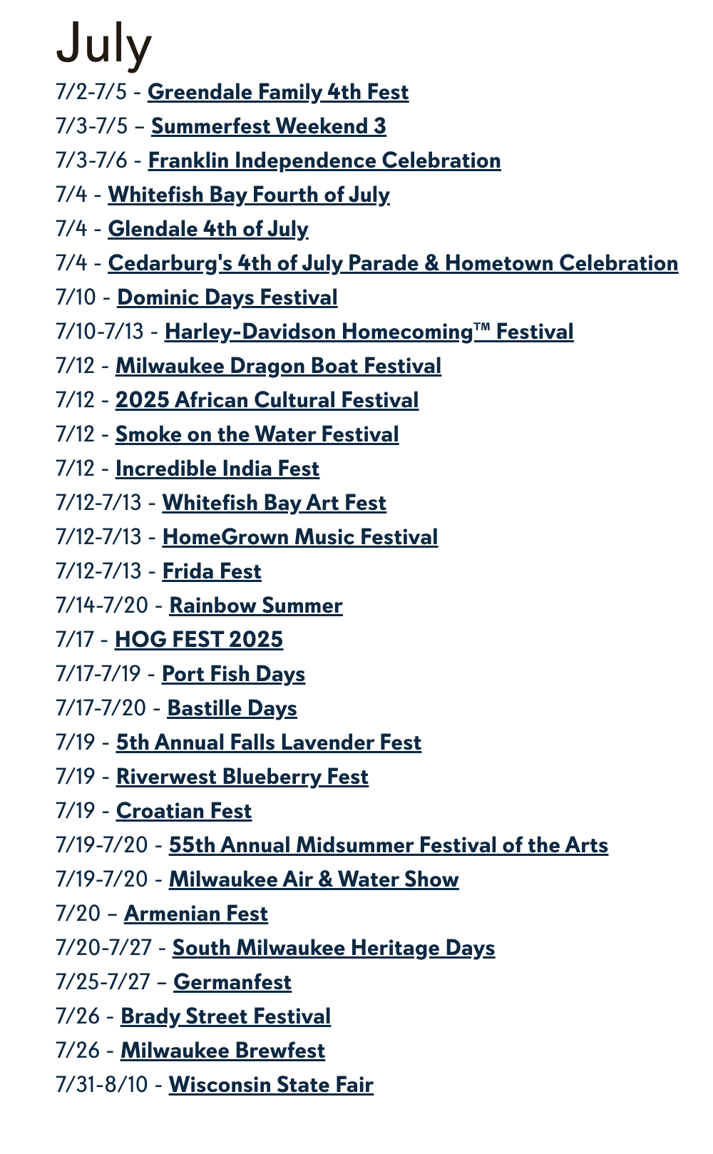Screenshot from the July Visit Milwaukee Events Calendar. It features 30 events.