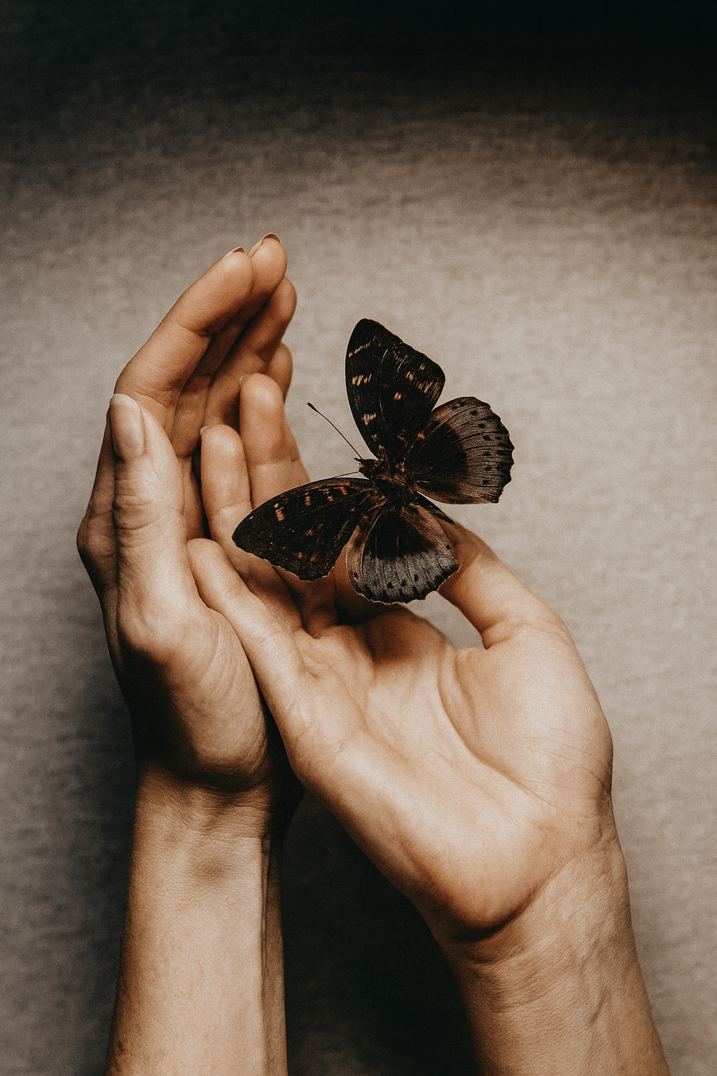 Two hands gently hold a black butterfly with orange spots on its wings.