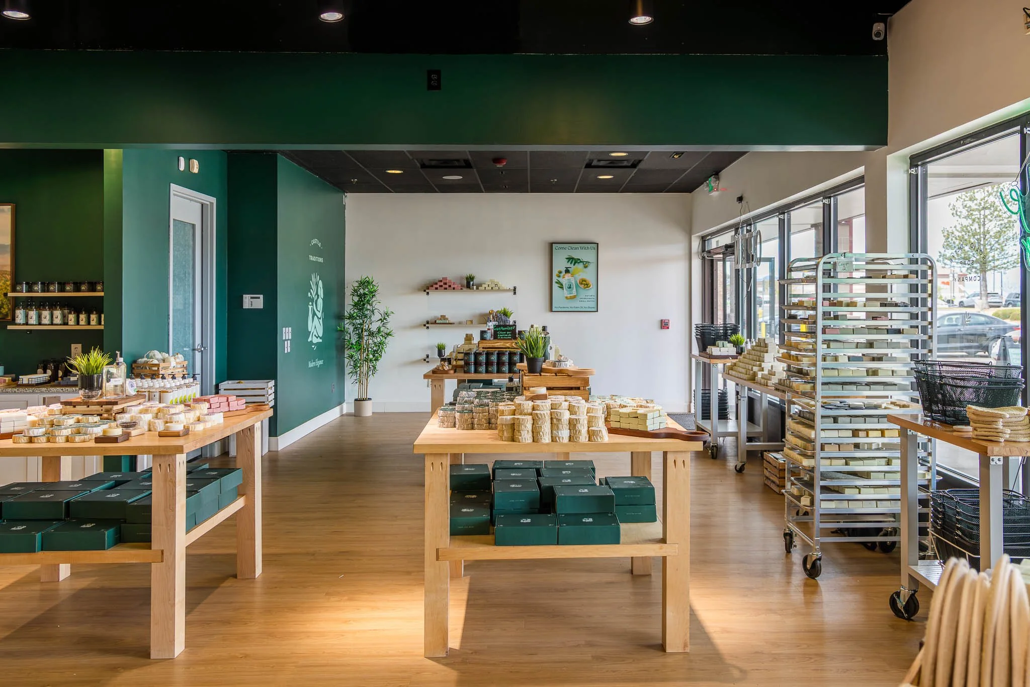 racks holding solid olive soaps