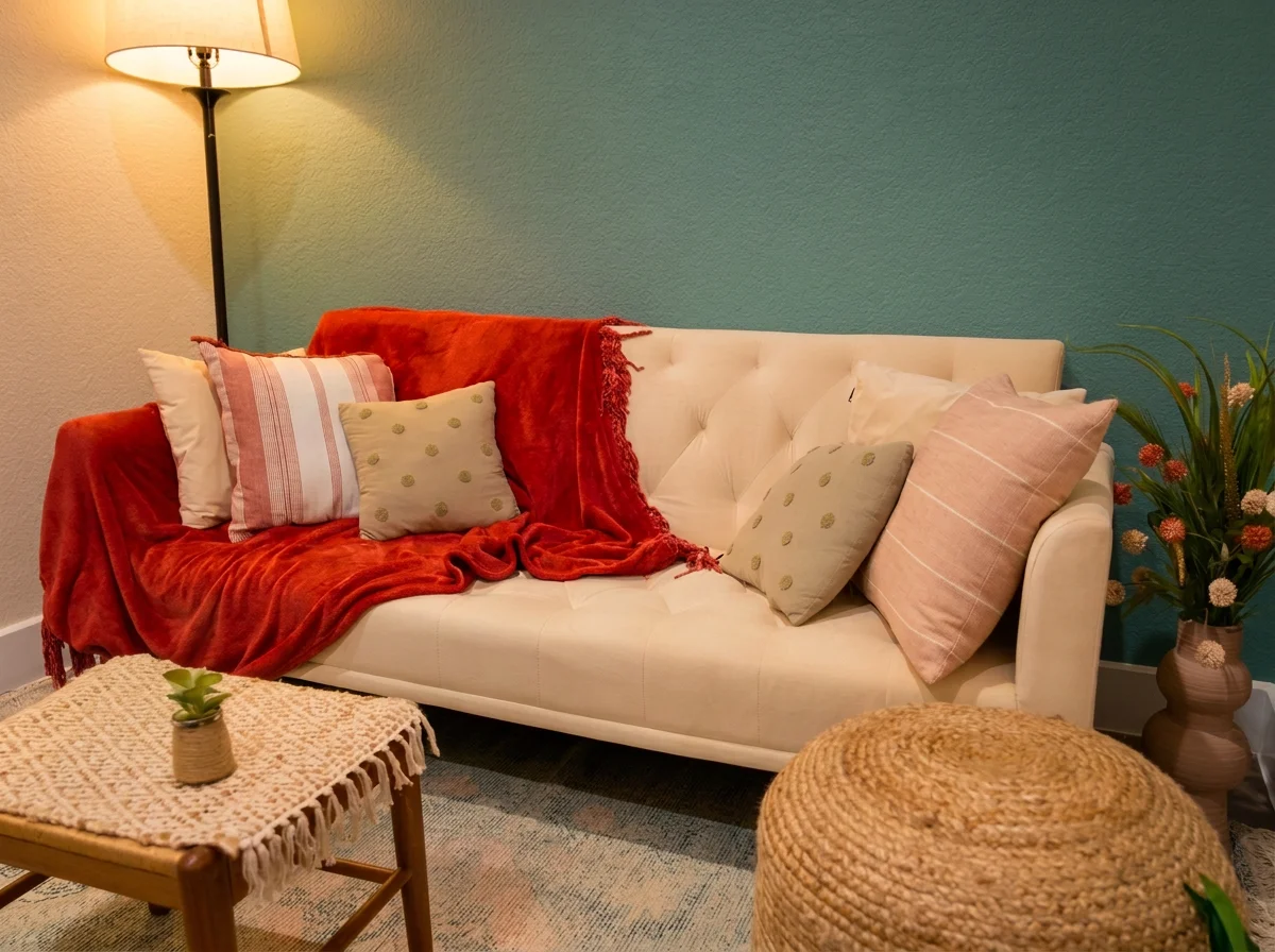 Comfortable therapy room with a white sofa, colorful pillows, and soft lighting at Living in Legacy Counseling in Ellis County, TX.