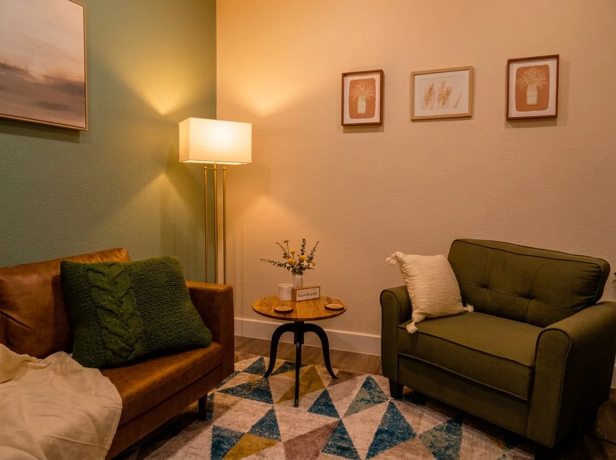 Welcoming counseling space with two comfortable armchairs, warm lighting, and a small table at Living in Legacy Counseling in Red Oak, TX.