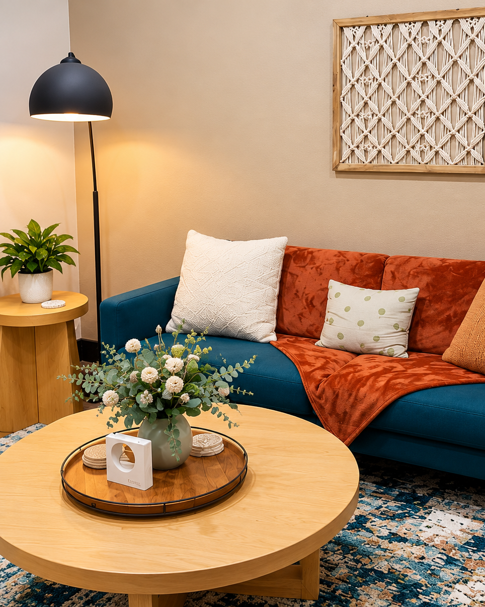 Comfortable counseling room with colorful sofa, pillows, and coffee table at Living in Legacy Counseling in Red Oak, TX.