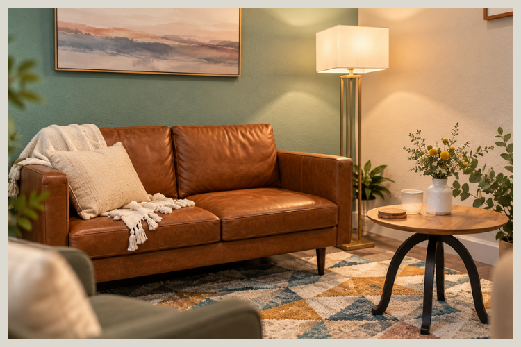 Warm counseling office with a brown leather sofa and cozy decor at Living in Legacy Counseling in Red Oak, TX.