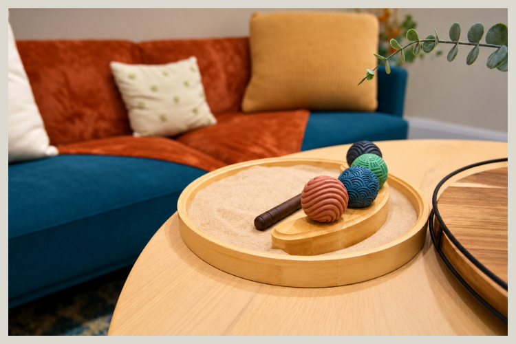 Coffee table with therapy materials in a welcoming counseling room at Living in Legacy Counseling in Red Oak, TX.