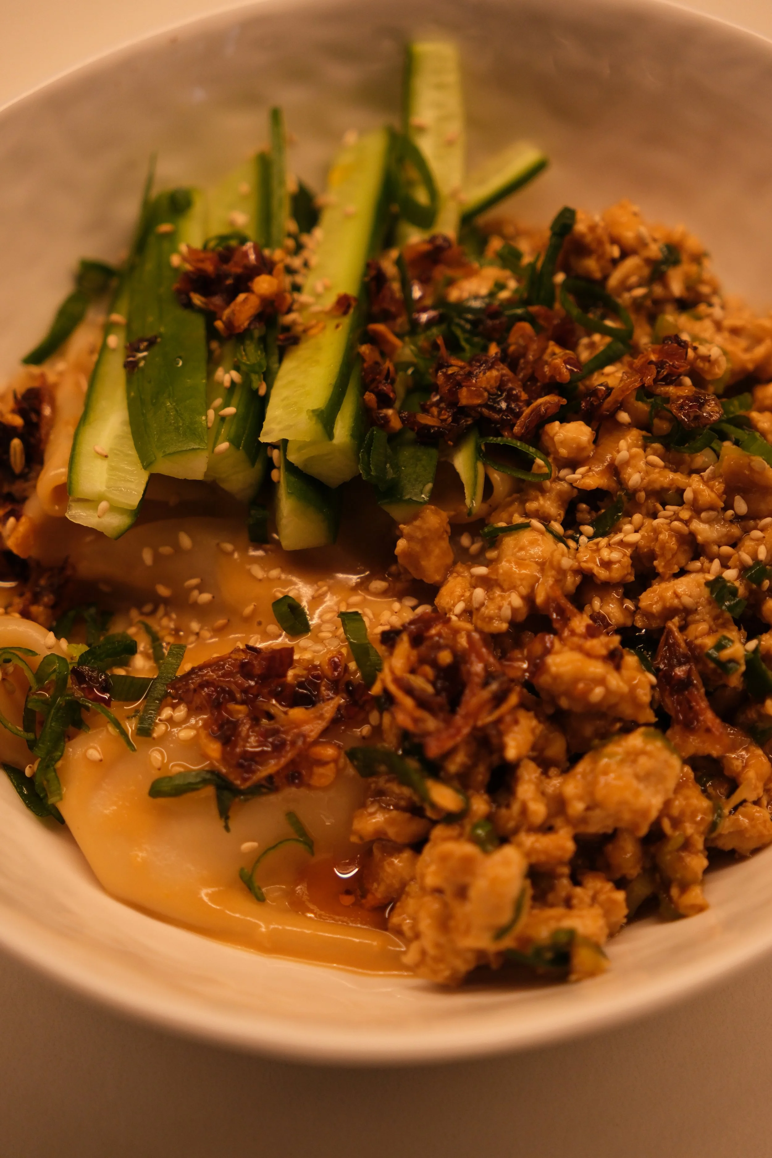 Wonton Wrapper Noodles with Peanut Sauce and Sticky Soy Chicken Mince