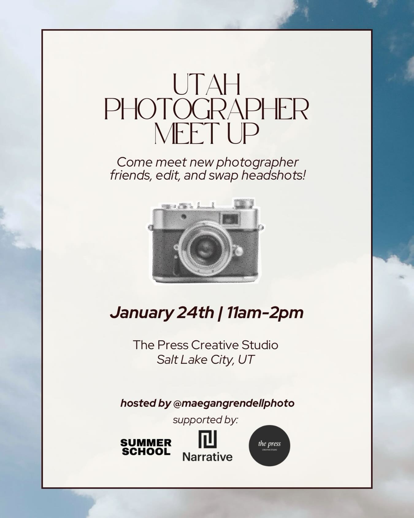 CALLING ALL UTAH PHOTOGRAPHERS!!! 📸🧚🏼💓

Come hangout, make new photographer friends, edit, and swap headshots!!!! Perfect start to the year 😇

We will have an area set up to take new headshots of each other, snacks, desks to edit and co-work, a 