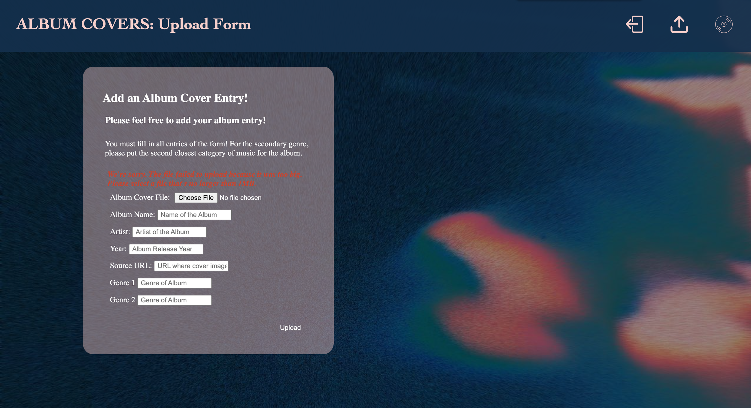 There is a 1MB file limit and only allow uploads of PNG and JPGs