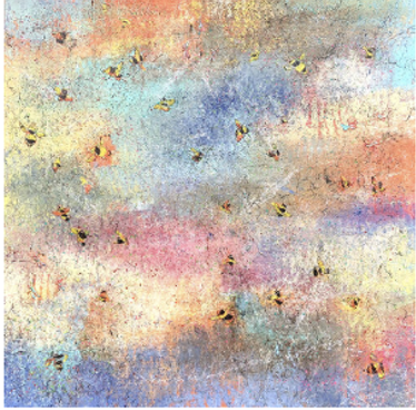 "Humlens dans". 90% ull + 10% silke. 95x95 cm. Frynset kant