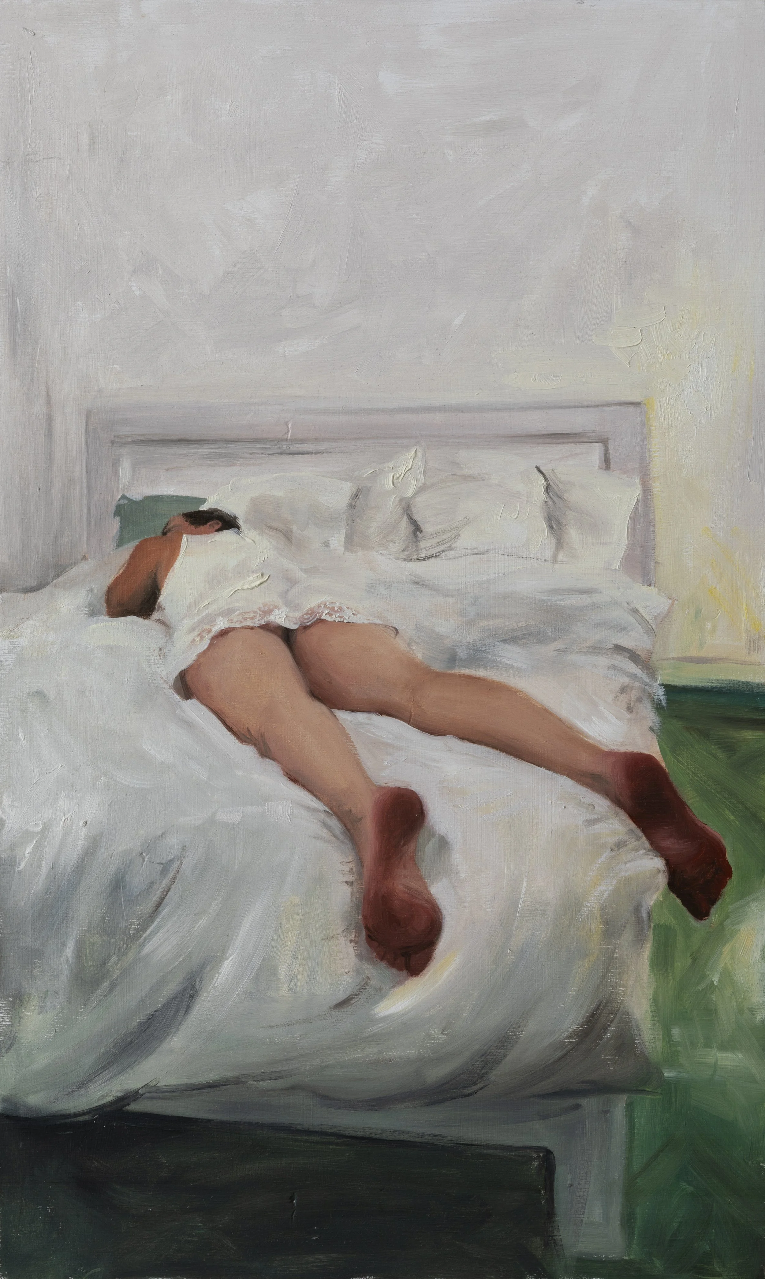 A Woman Lying on a White Bed, Oil on Wood, 50x30 cm