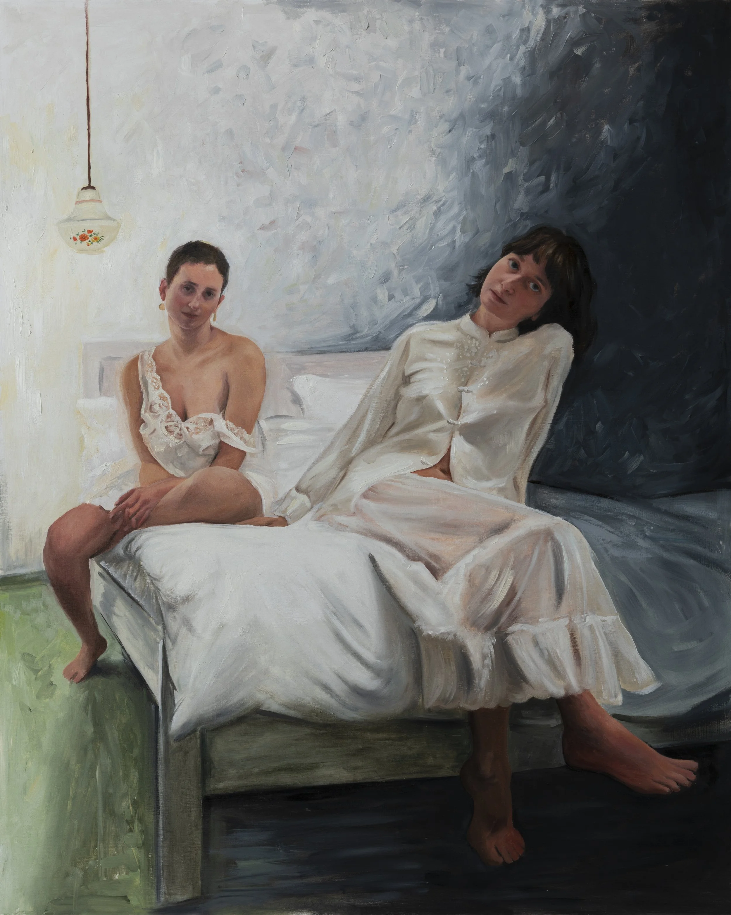 Two Woman Resting on a a white Bed, the Shirt from Japan and the Lamp from the Market, Oil on Wood, 100x80 cm