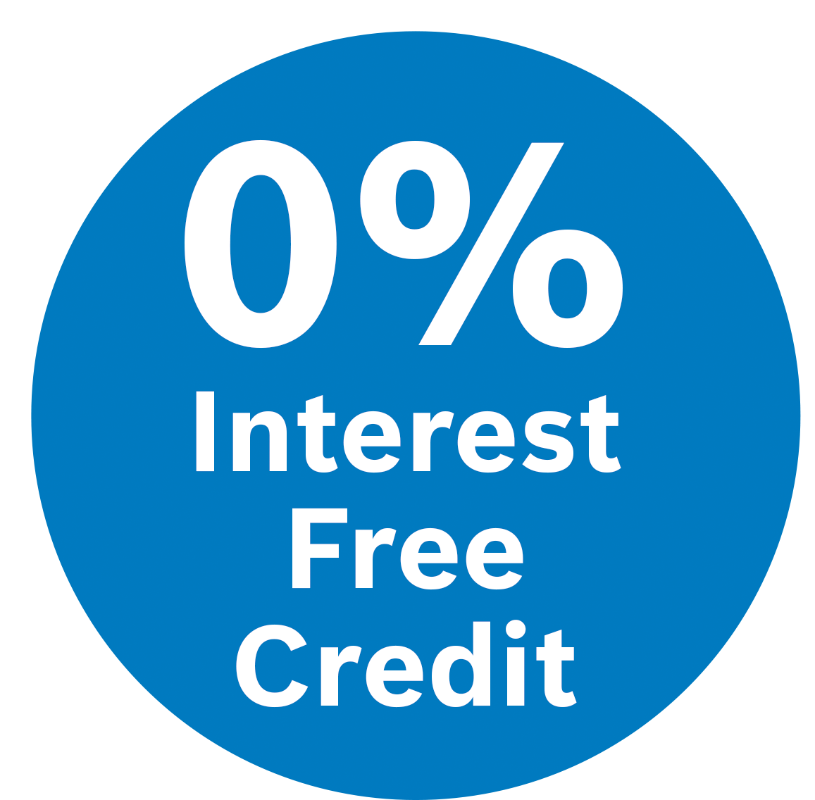 Blue circular badge stating "0% Interest Free Credit" in white text.
