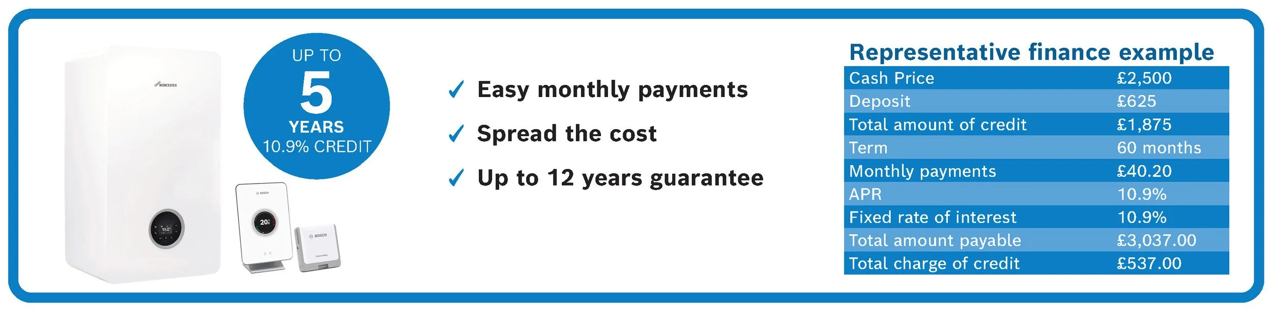 Advertisement for a Worcester Bosch boiler, featuring a financing offer with up to 5 years at 10.9% credit, easy monthly payments, and up to 12 years guarantee. Includes a representative finance example with details on cash price, deposit, total credit, and interest rates.