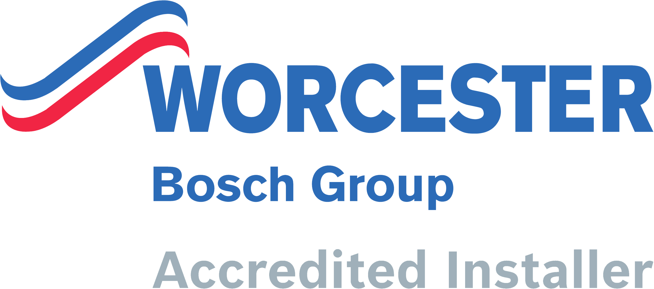 Worcester Bosch Group logo with red and blue curved lines and text in blue and grey.
