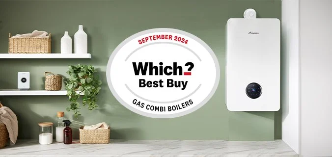 Kitchen with a gas combi boiler on a green wall, a countertop with baskets and bottles, and a 'Which? Best Buy' award badge for September 2024.