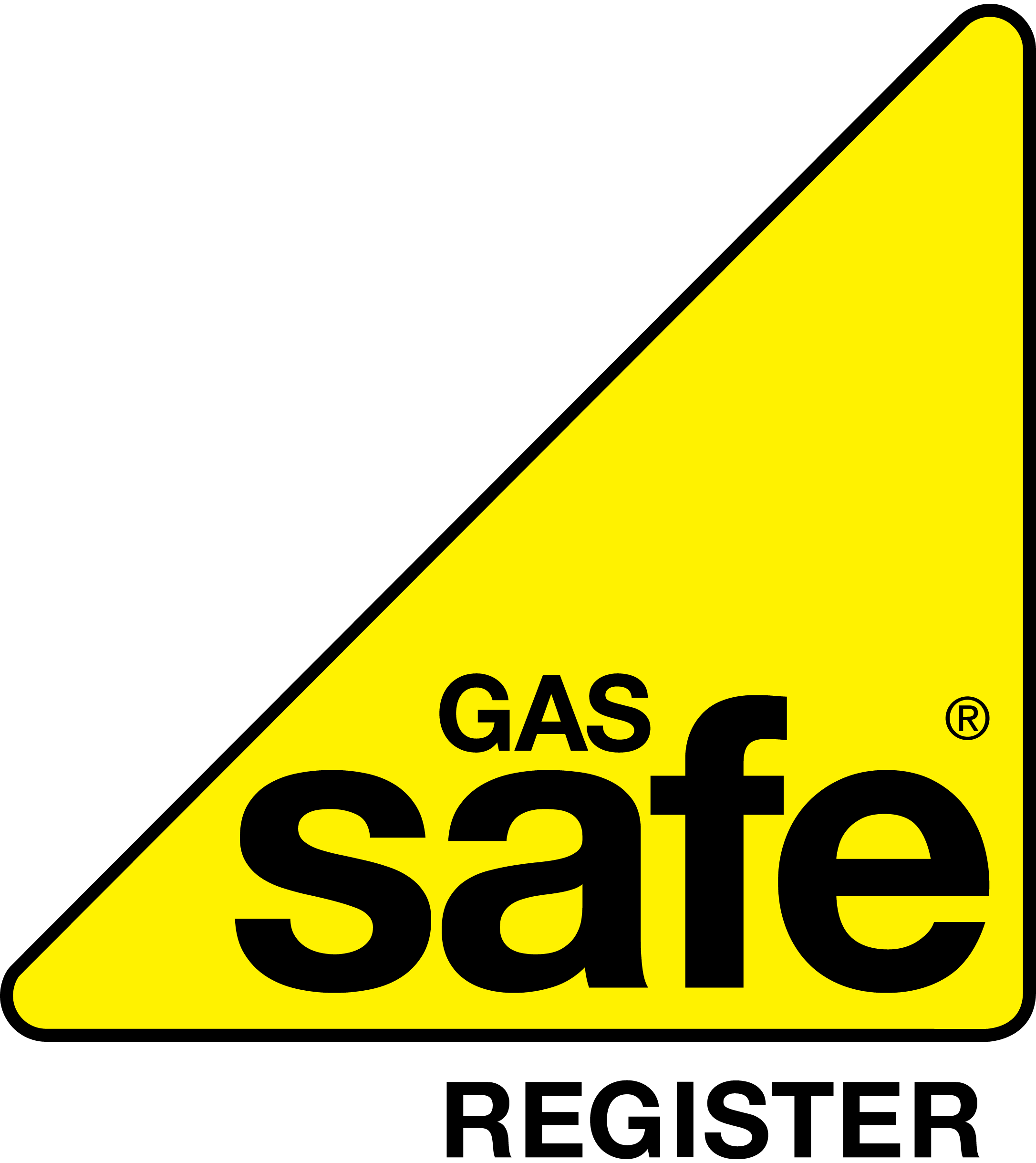 Yellow triangle sign with black text reading 'GAS safe' and a black corner, indicating a gas safety warning.