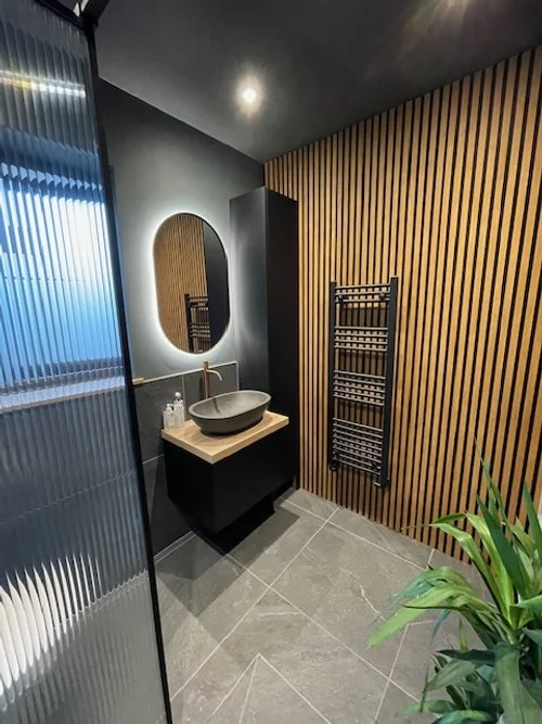 Modern bathroom with a wood-paneled accent wall, a black vanity with a vessel sink, an oval mirror with backlit lighting, a towel rack, and a potted plant.