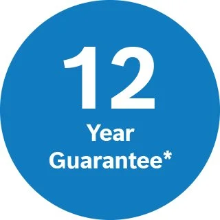 Blue circular badge with white text that says "12 Year Guarantee*".