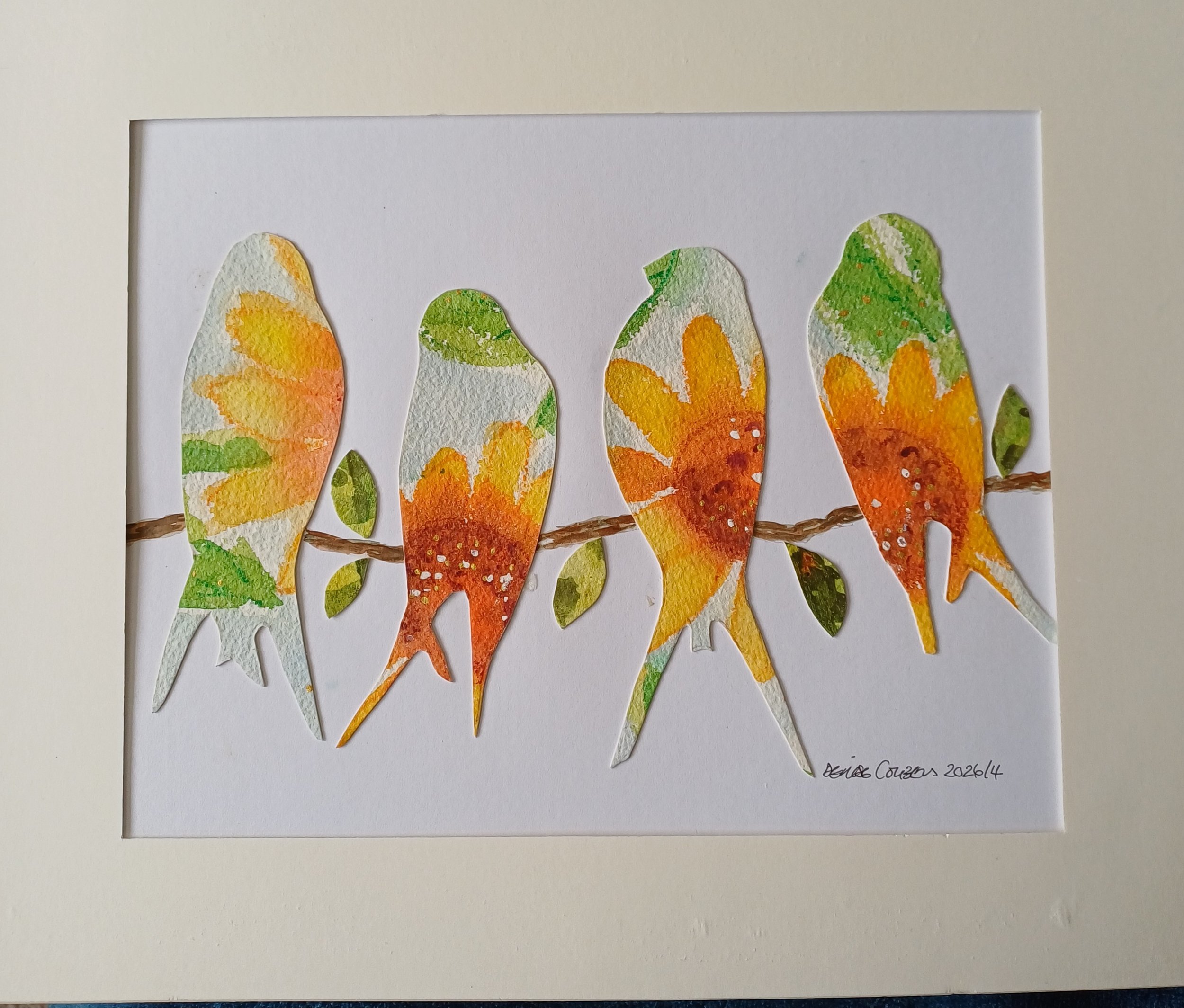10x12" collage of birds.  £38.00  
This collage has elements of sunflowers with white and green highlights