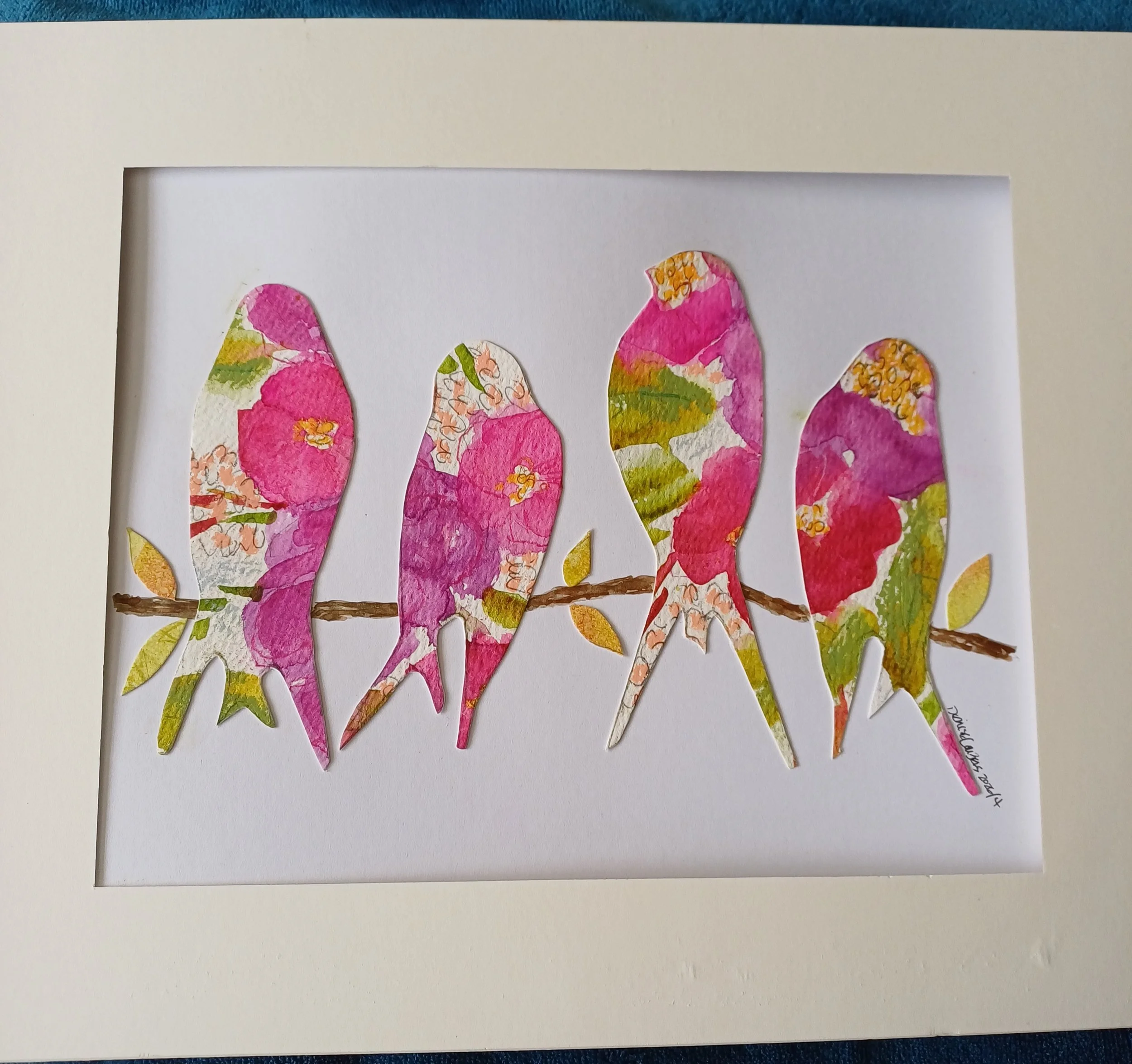10x12" collage of birds £38.00
this collage is full of pink shades with yellow and green highlights