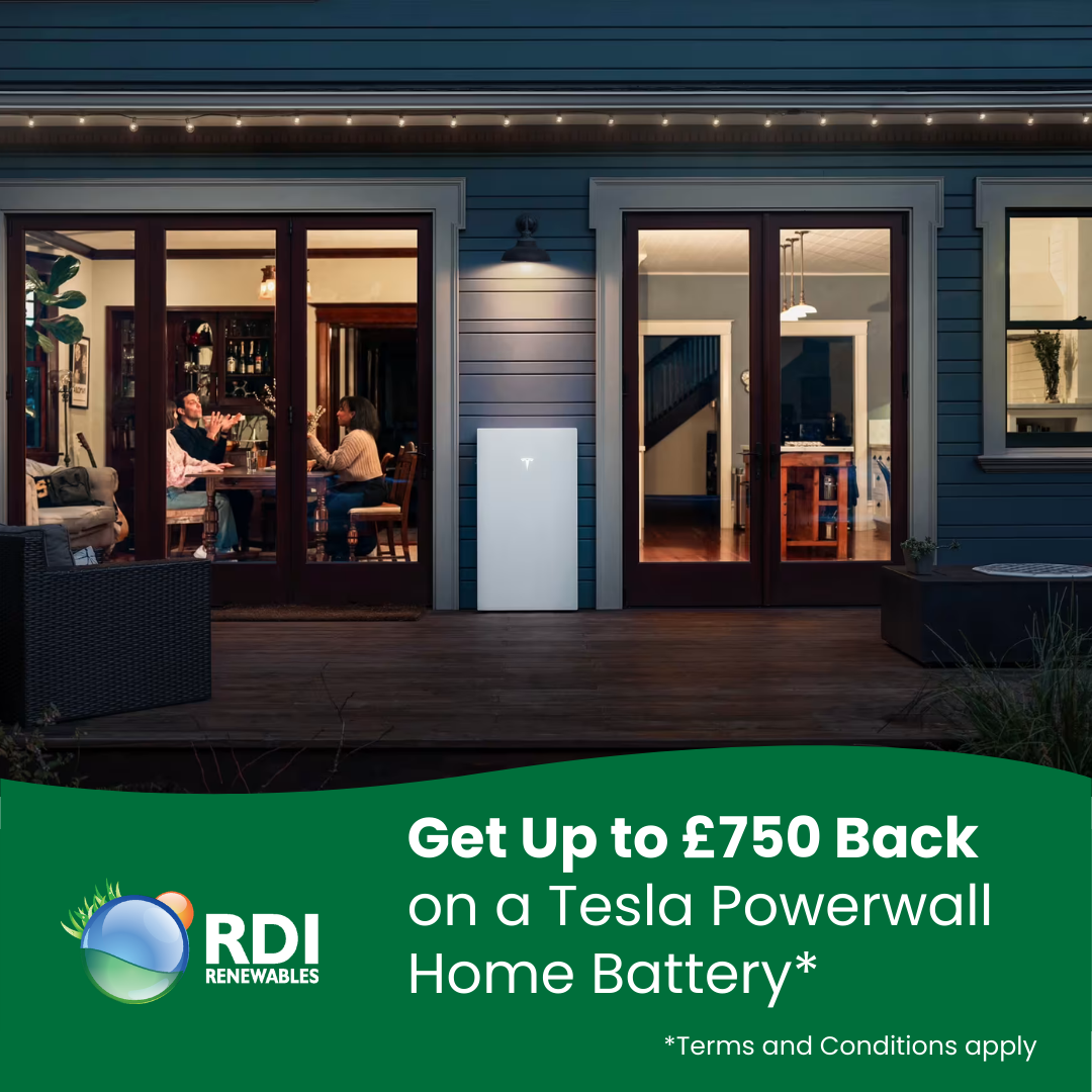 Backyard at night with open sliding glass doors showing people sitting at a dining table inside, getting along. An illuminated Tesla Powerwall Home Battery is mounted on the house exterior between the doors. Promotional banner at the bottom advertises up to 750 pounds back on a Tesla Powerwall home battery, with terms and conditions.