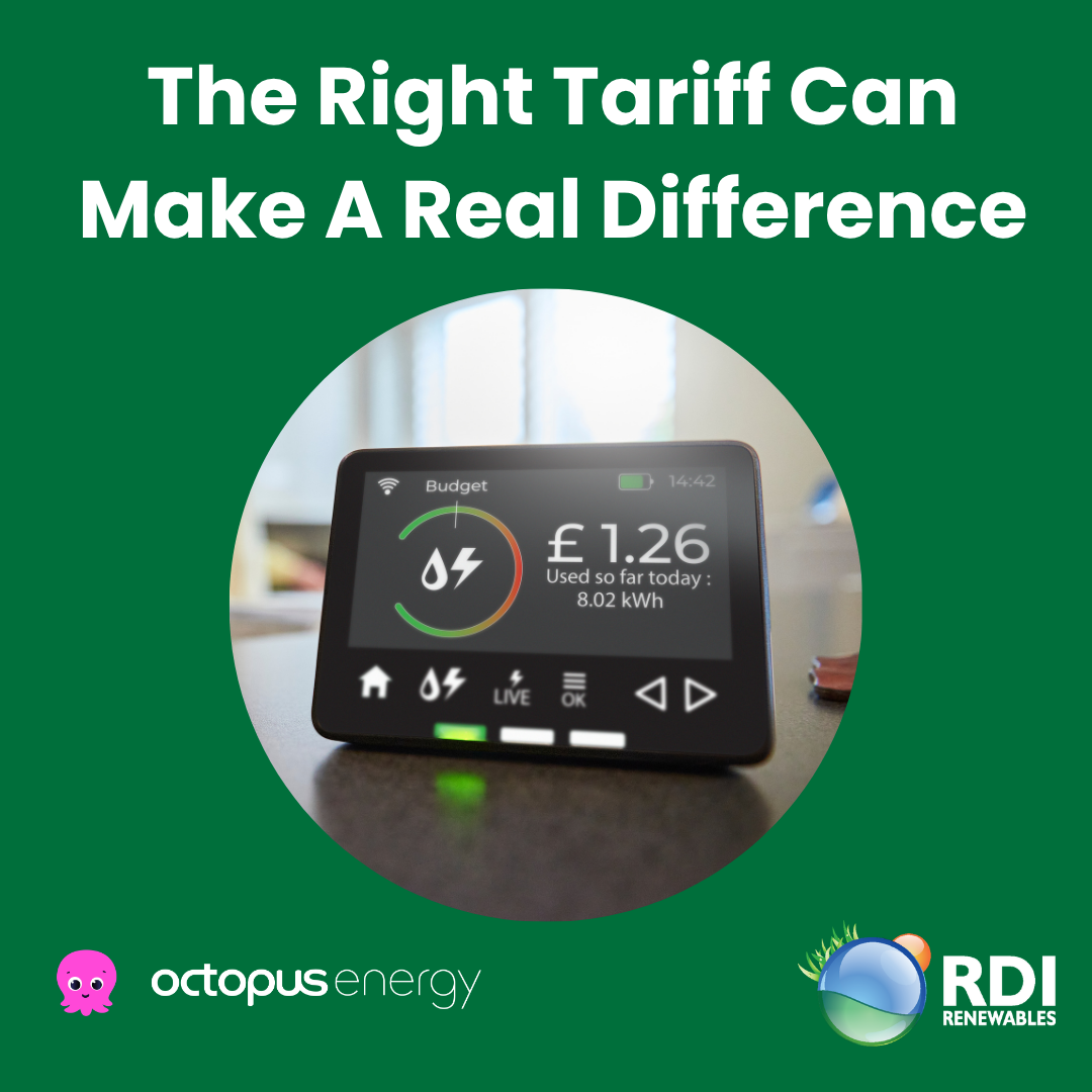 A digital energy monitor displaying energy usage in British pounds and kilowatt-hours, with promotional text about tariffs and renewable energy logos.