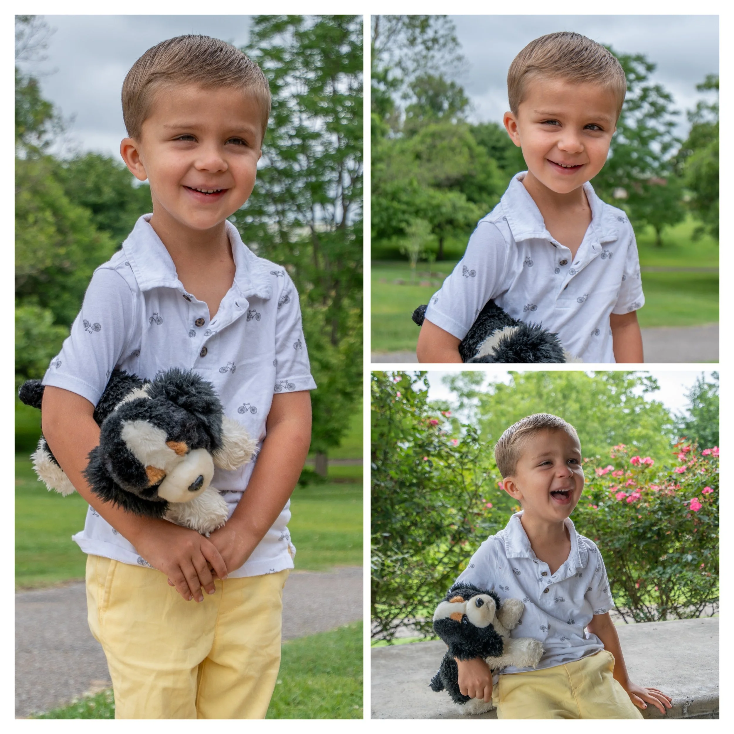 A collage of three photos of a young boy with short light brown hair, wearing a white shirt with bicycle prints and yellow pants. In the first photo, he is smiling and holding a black and white stuffed dog. In the second, he is smiling playfully, and