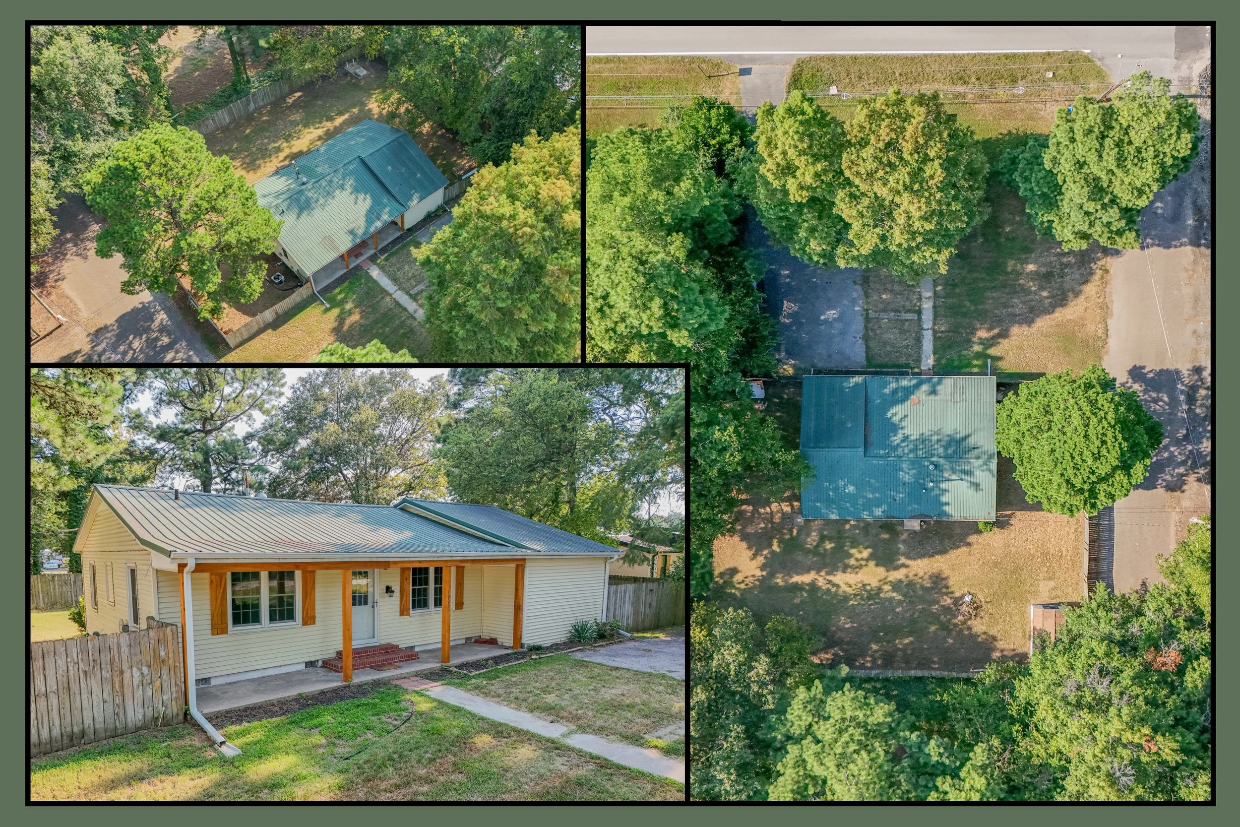 A collage of three aerial photos of a house and yard: top left shows a house with porch and trees; top right displays the yard with trees and parking area; bottom left is a close-up of the house with porch and backyard.