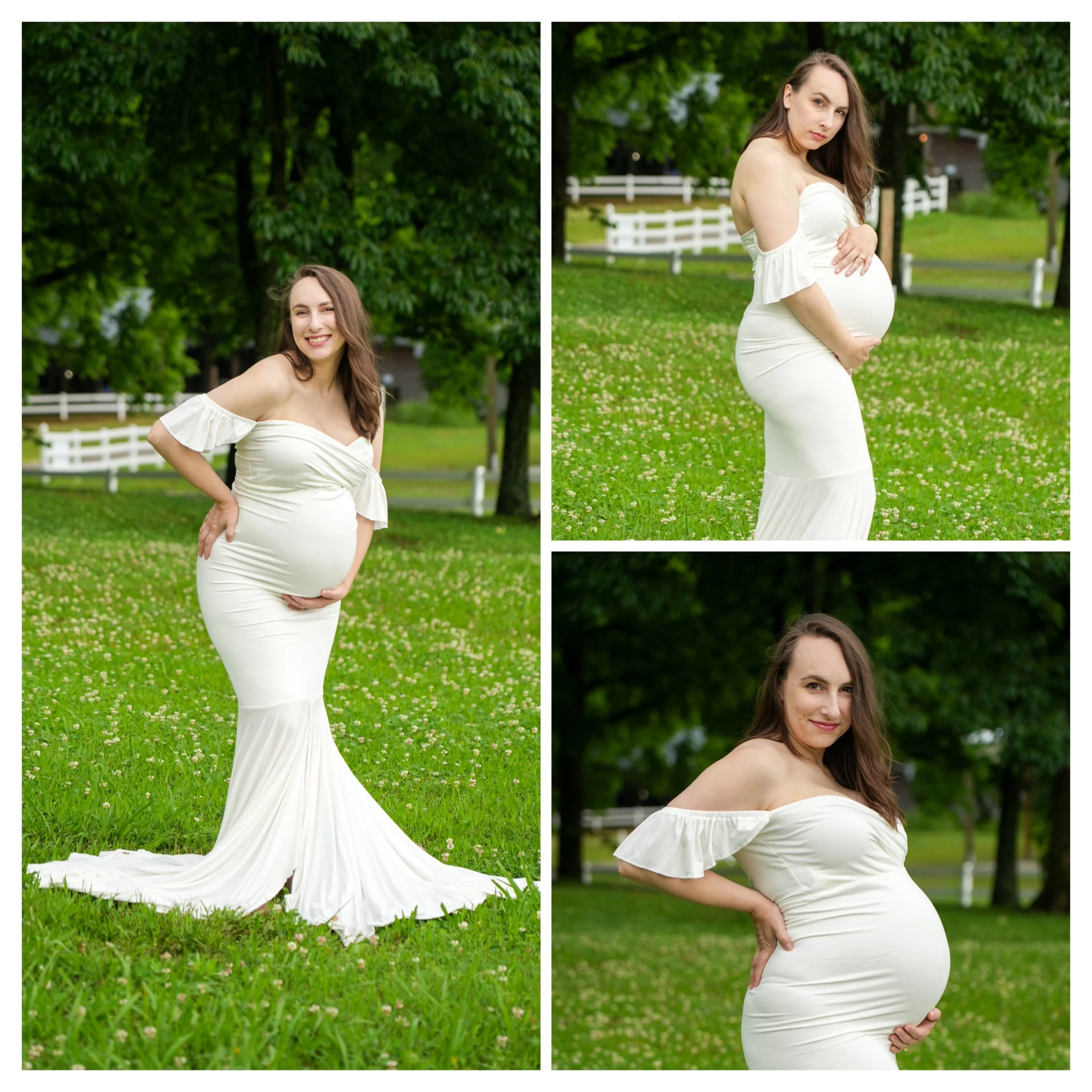 A pregnant woman in a white off-the-shoulder dress in a park with green trees and grass, posing in different positions and smiling.