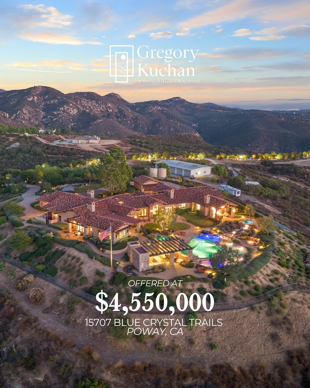 A one-of-a-kind mountaintop sanctuary in Poway, CA.

Nearly 9,000 sq ft of custom luxury, 270&deg; panoramic views, and resort-style amenities.

- 6 Beds | 7 Baths
- Infinity-Edge Pool &amp; Spa
- Executive Office + Chef&rsquo;s Kitchen
- 7.68 Acres 