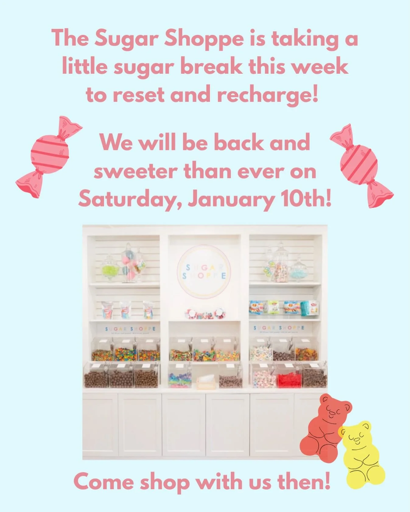 We&rsquo;ll be back after our 🍬sweet 🍬little break with lots of exciting newness! Come shop with us on Saturday, January 10th when we will be back to our regularly scheduled hours! 🎉🛍️
