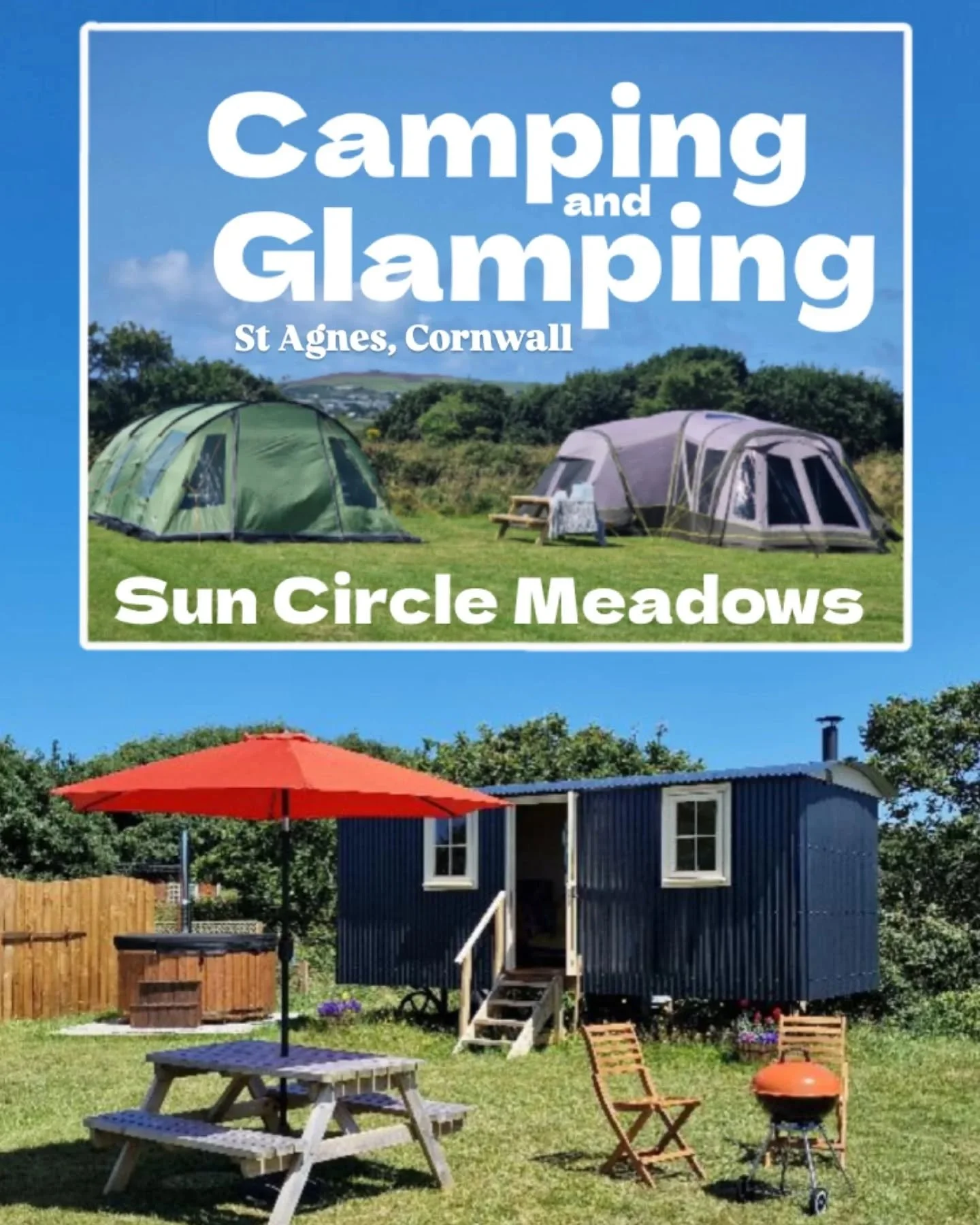Camping and Glamping at Sun Circle Meadows. Camping in 5 acres of flat land. set just a short drive from some great beaches. Or choose from our two shepherds huts for that semi off grid Glamping experience. you can book by using links under profile.