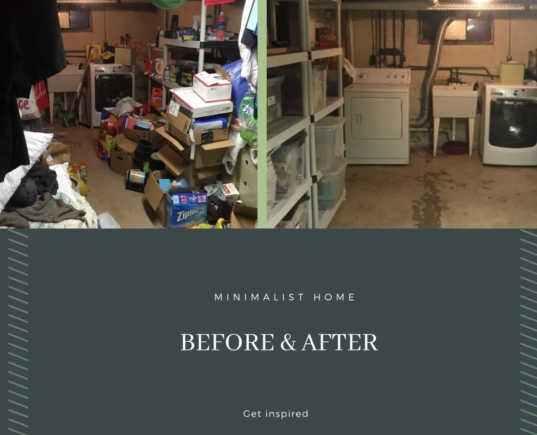 Split image showing a cluttered room with messy piles of boxes and laundry on the left, and a clean, organized laundry room with shelves on the right.