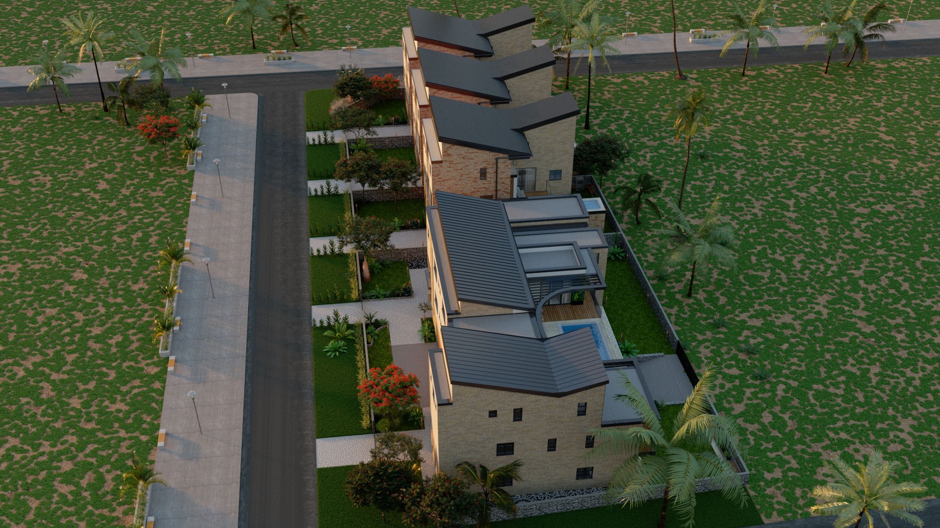 Side angle 3D drawing of 4 properties