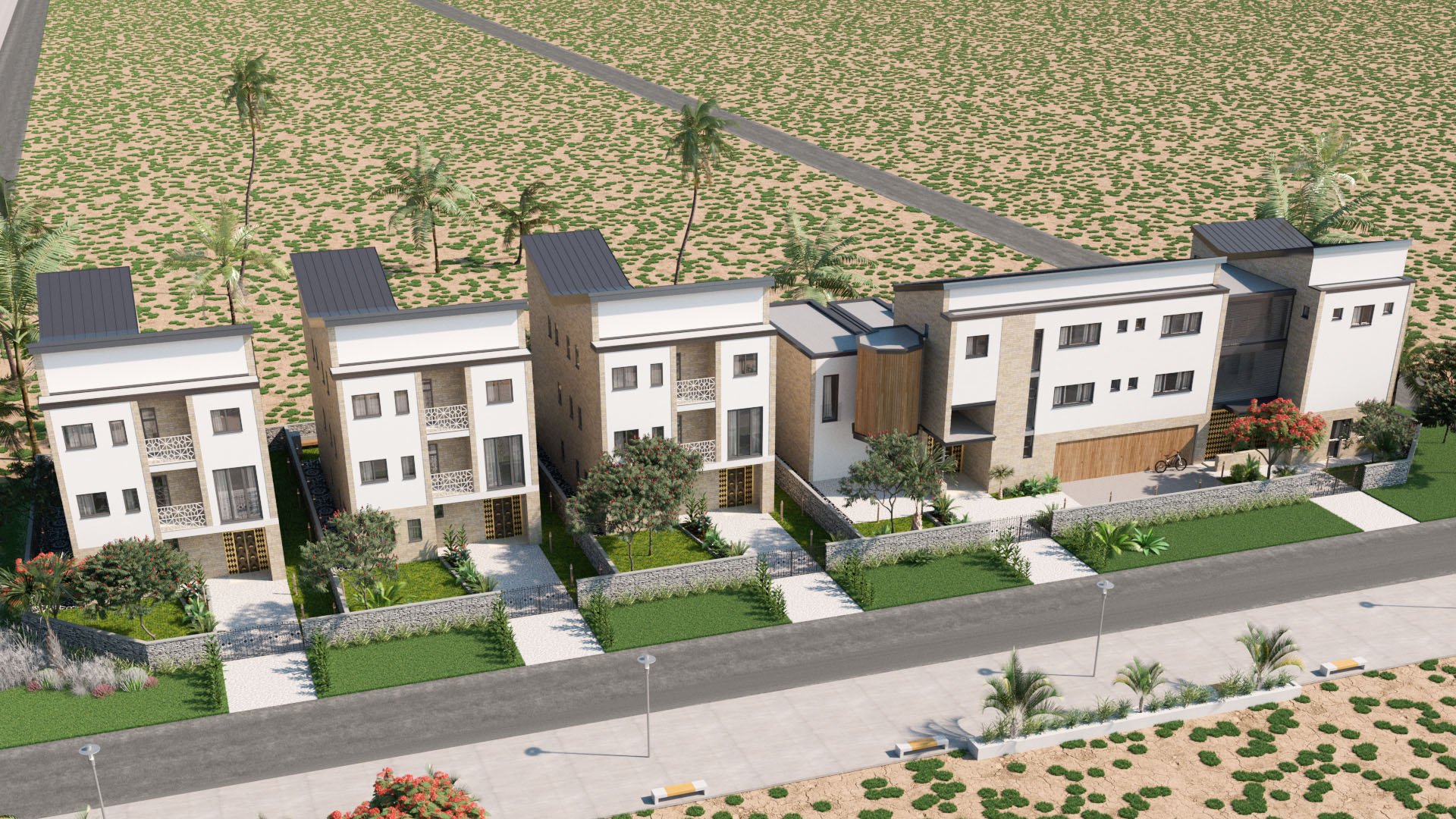 Exterior 3D drawing of 4 properties