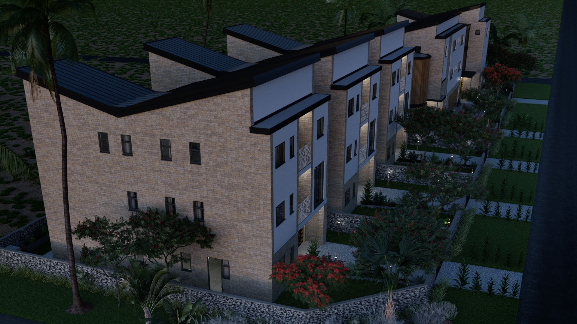 Side angle 3D drawing of 4 properties in darkness