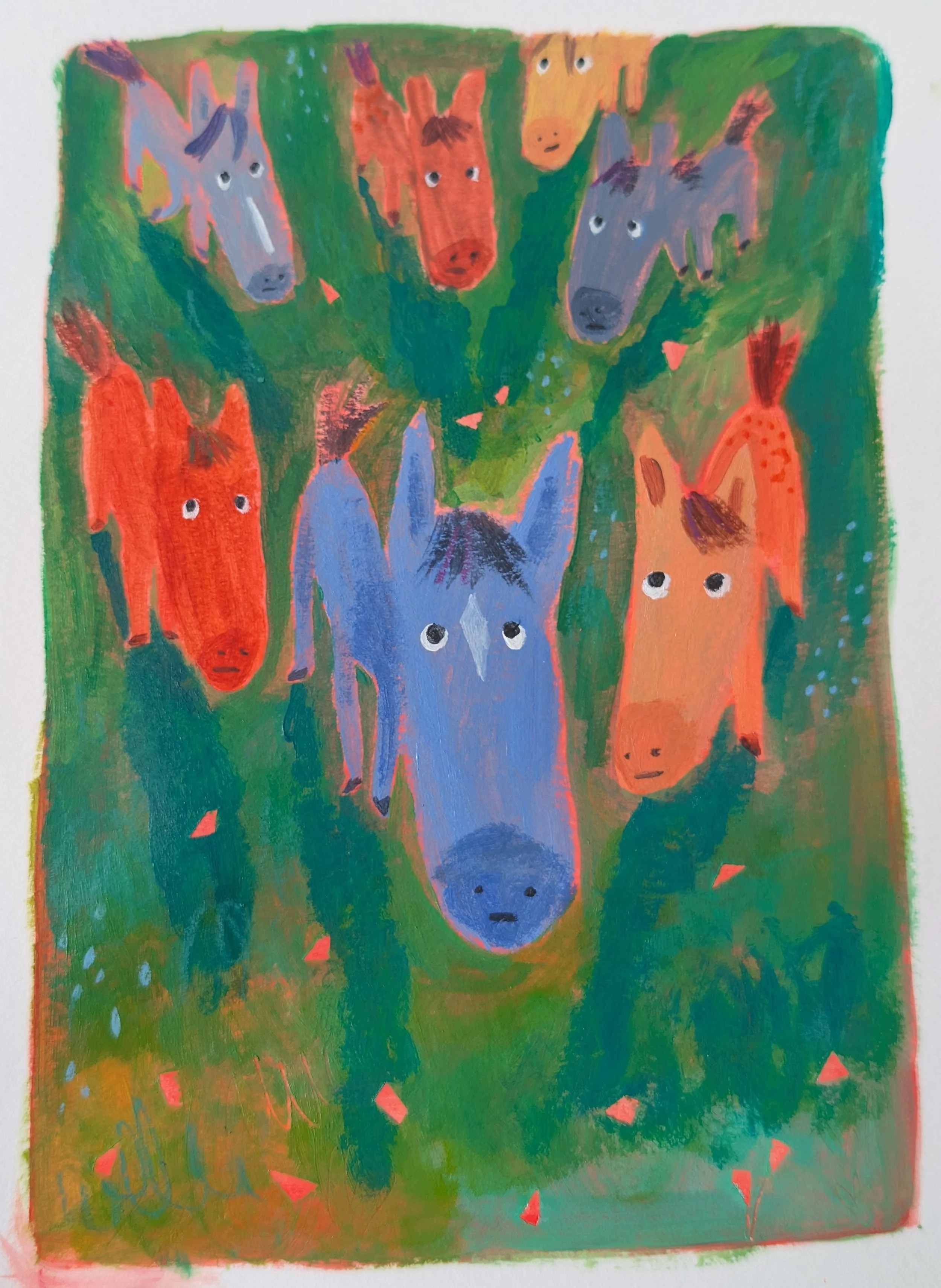 Hand-painted illustration of 7 foals looking up at you, as if to say they want something from you.