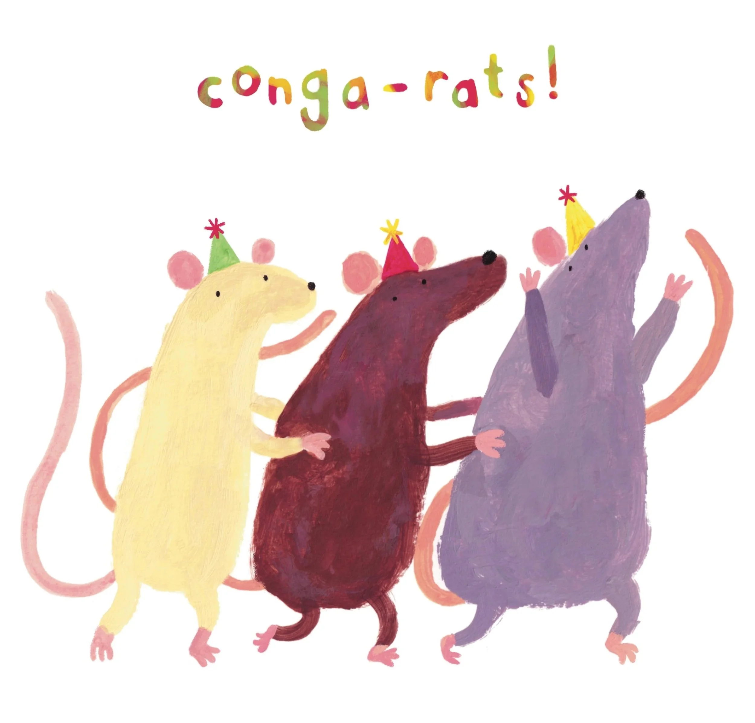 An illustration for a greeting card, depicting rats in a conga line, with text that reads "Conga-rats!" 