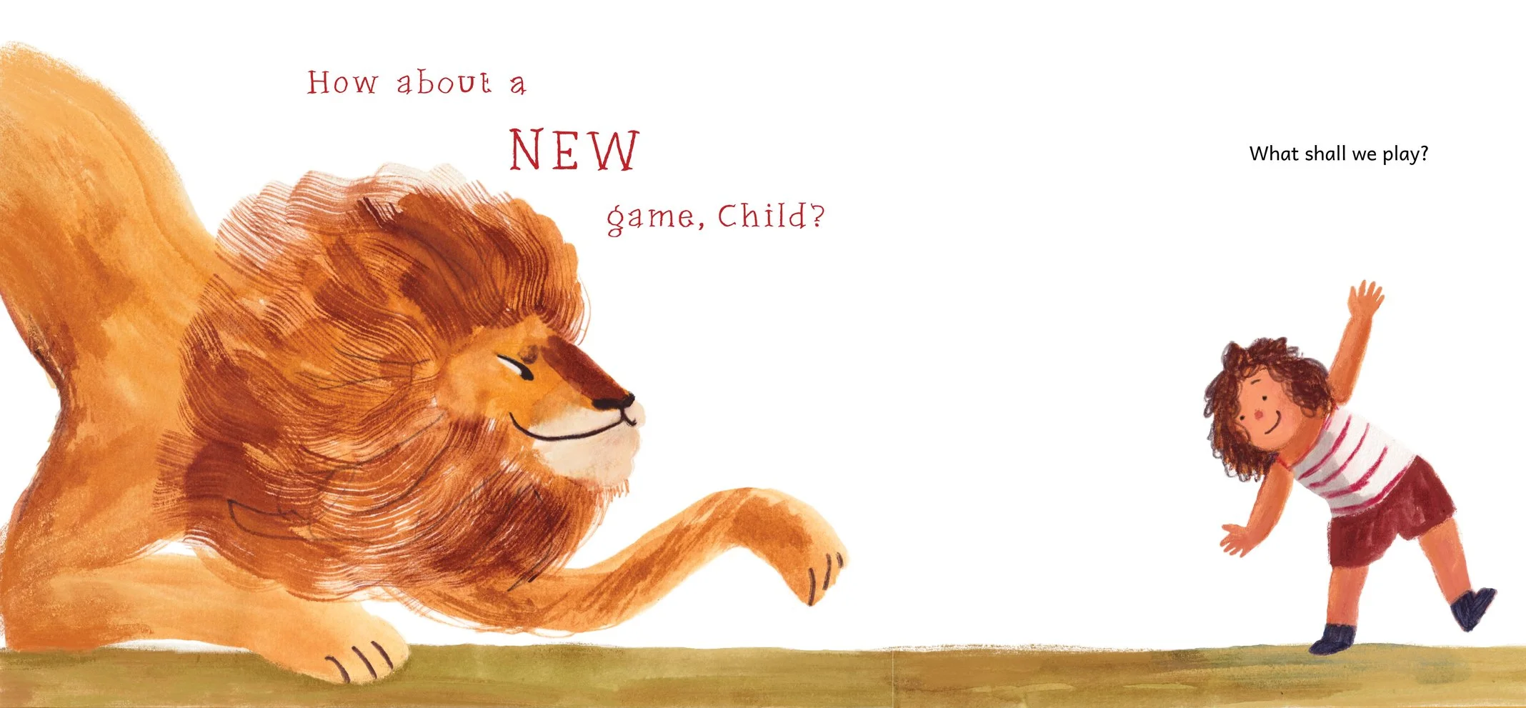An illustrated children's book page showing a large lion and a young girl with curly hair in a striped shirt and shorts. 