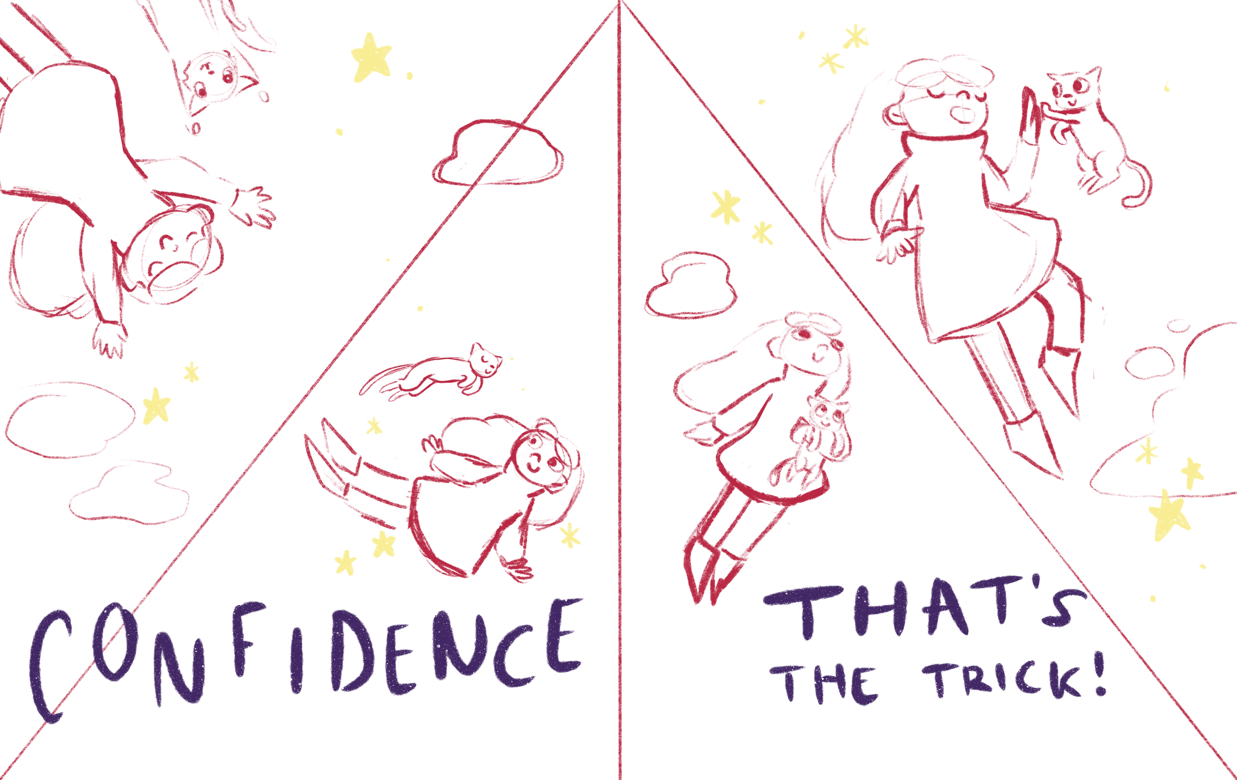 Process sketches depicting early stage development of the final spread within 'The Confidence Trick'