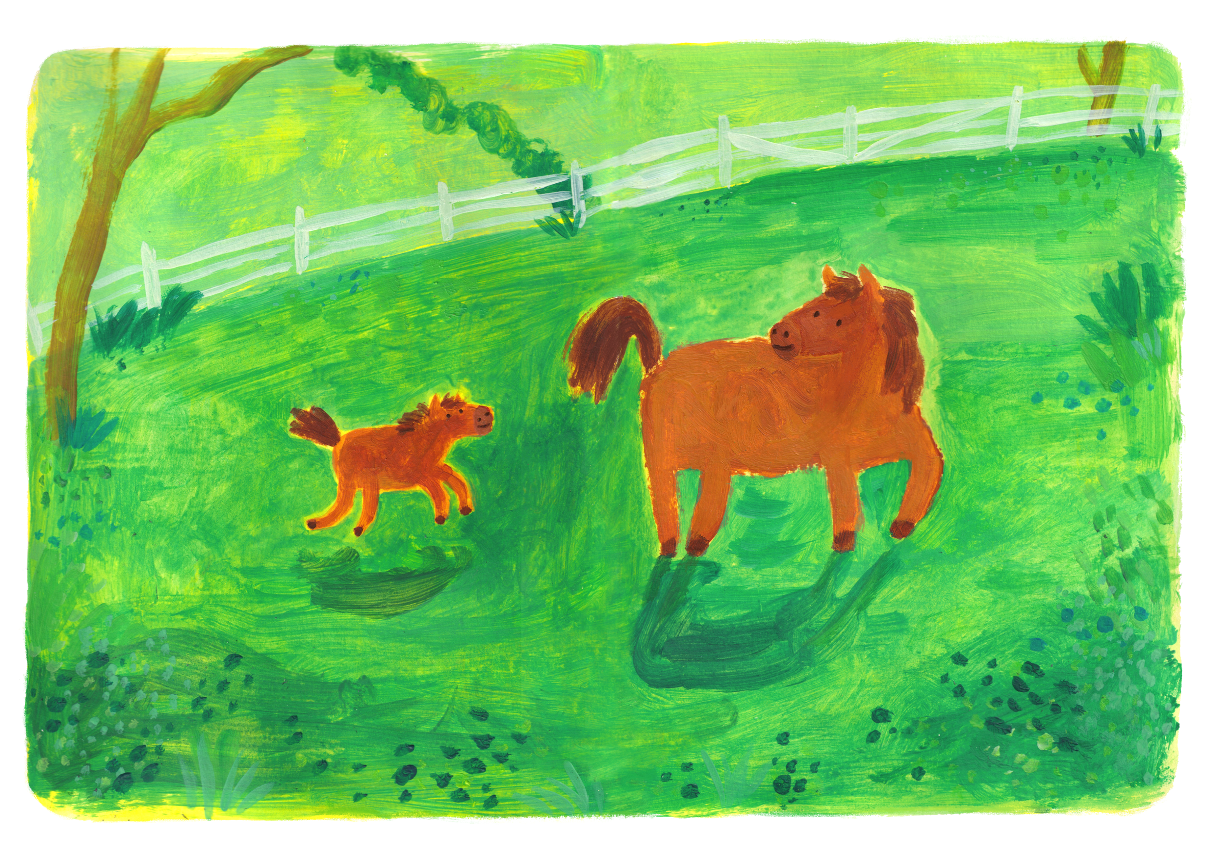 An acrylic painting of a green field with two brown horses, a tree, and a white fence.